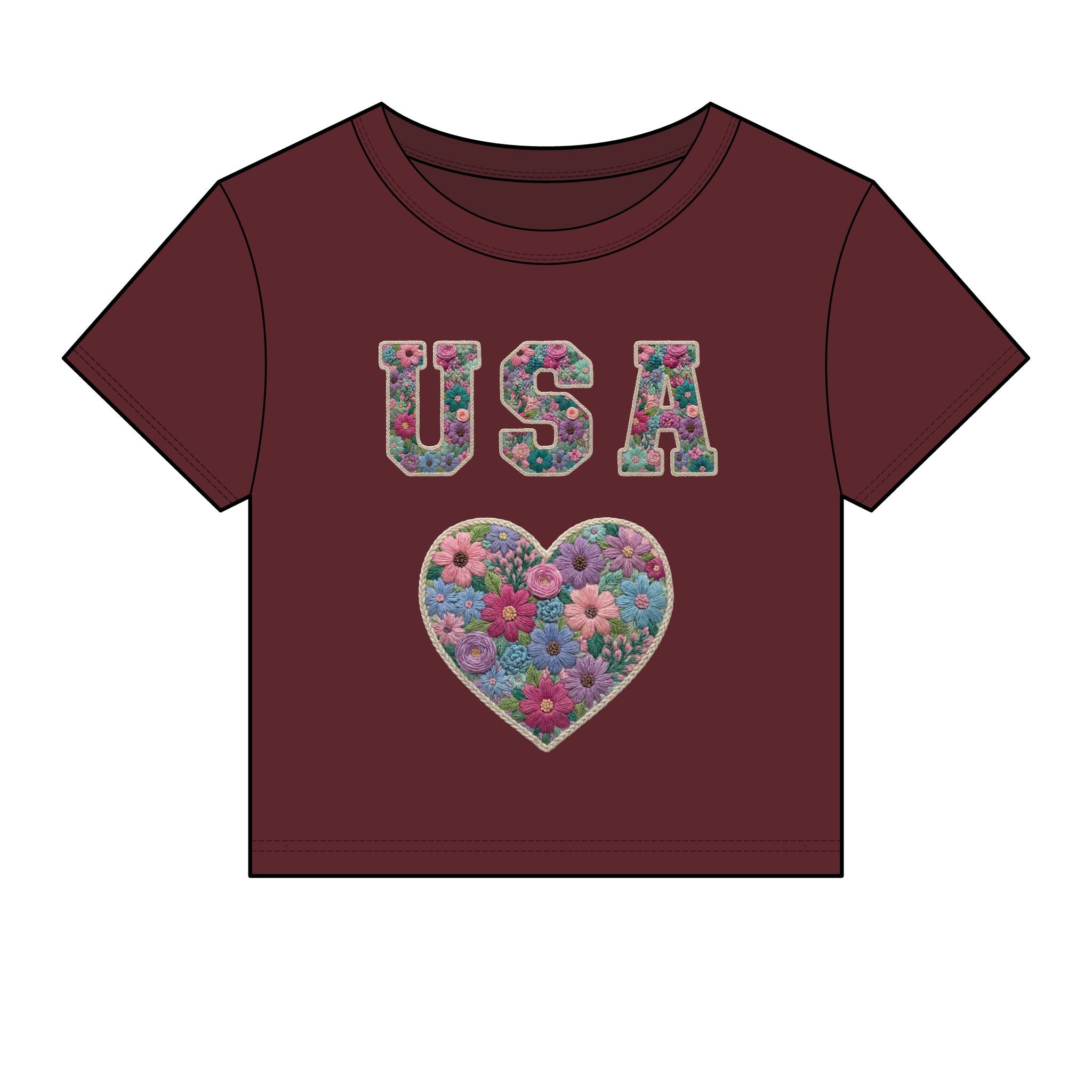 USA Floral Heart Baby Tee for Women – 4th of July