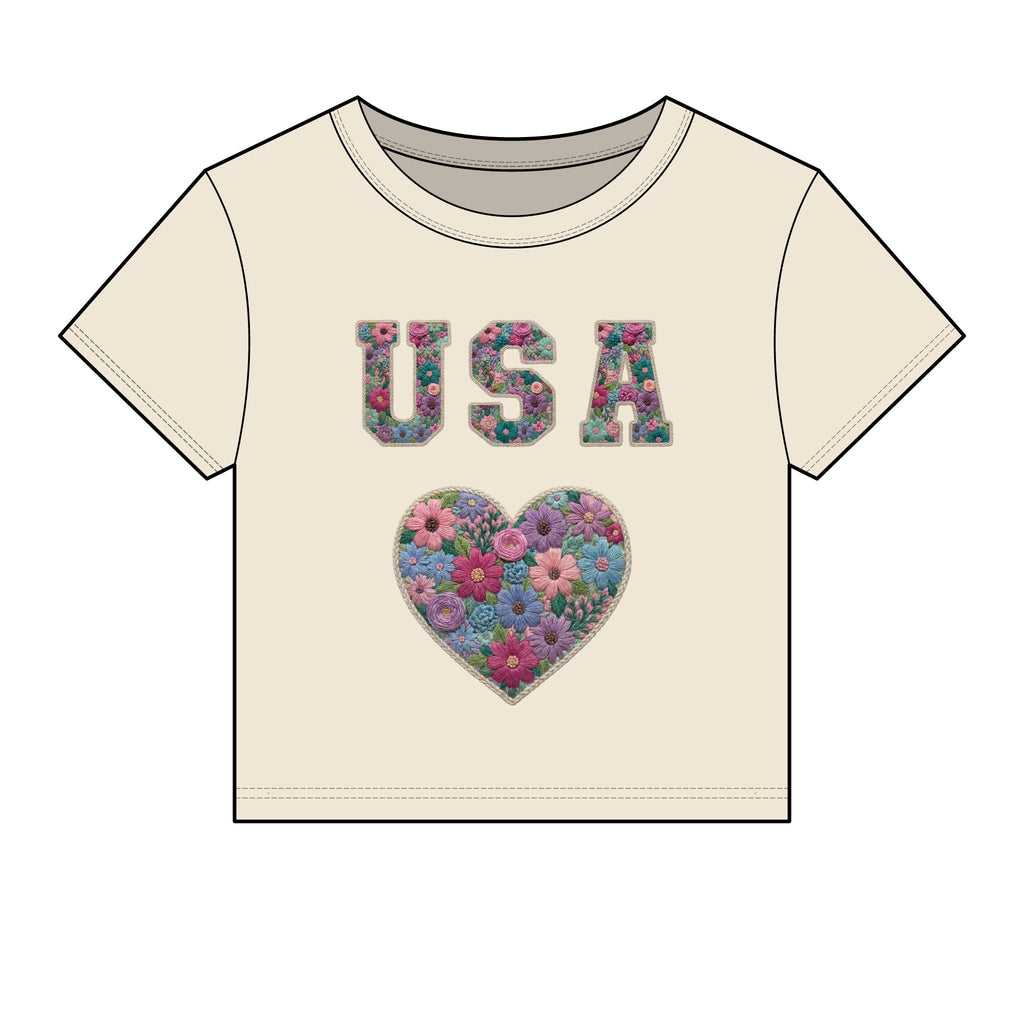 USA Floral Heart Baby Tee for Women – 4th of July