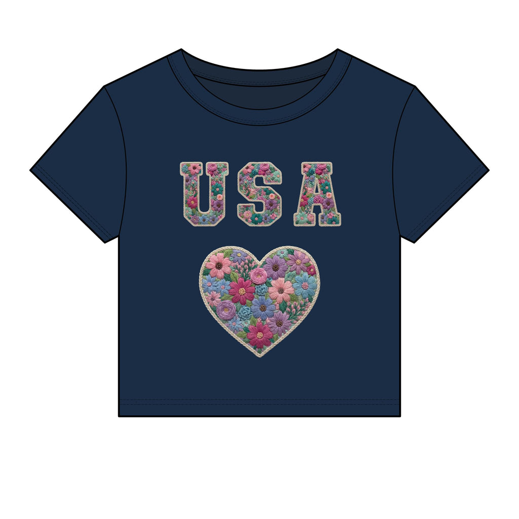 USA Floral Heart Baby Tee for Women – 4th of July