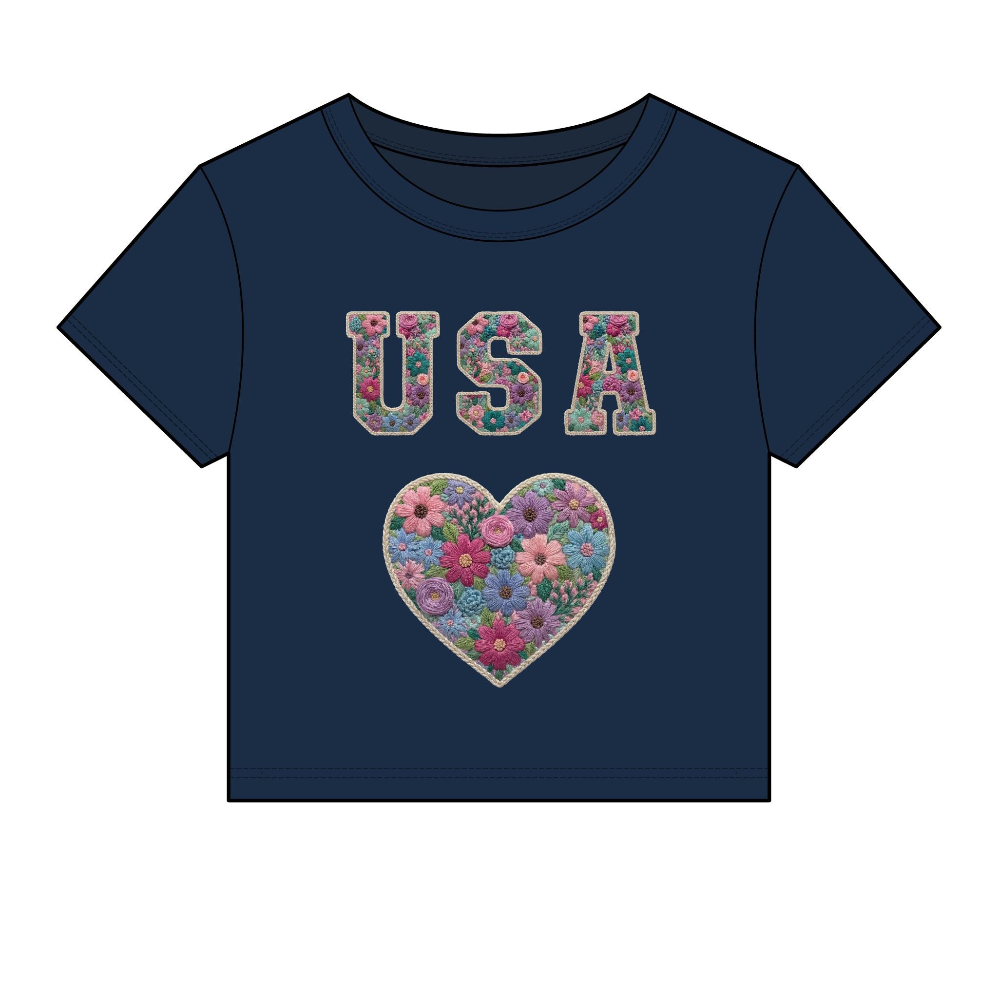 USA Floral Heart Baby Tee for Women – 4th of July