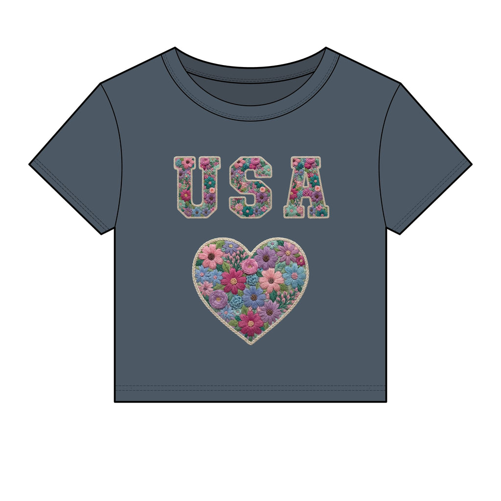 USA Floral Heart Baby Tee for Women – 4th of July