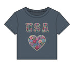 USA Floral Heart Baby Tee for Women – 4th of July
