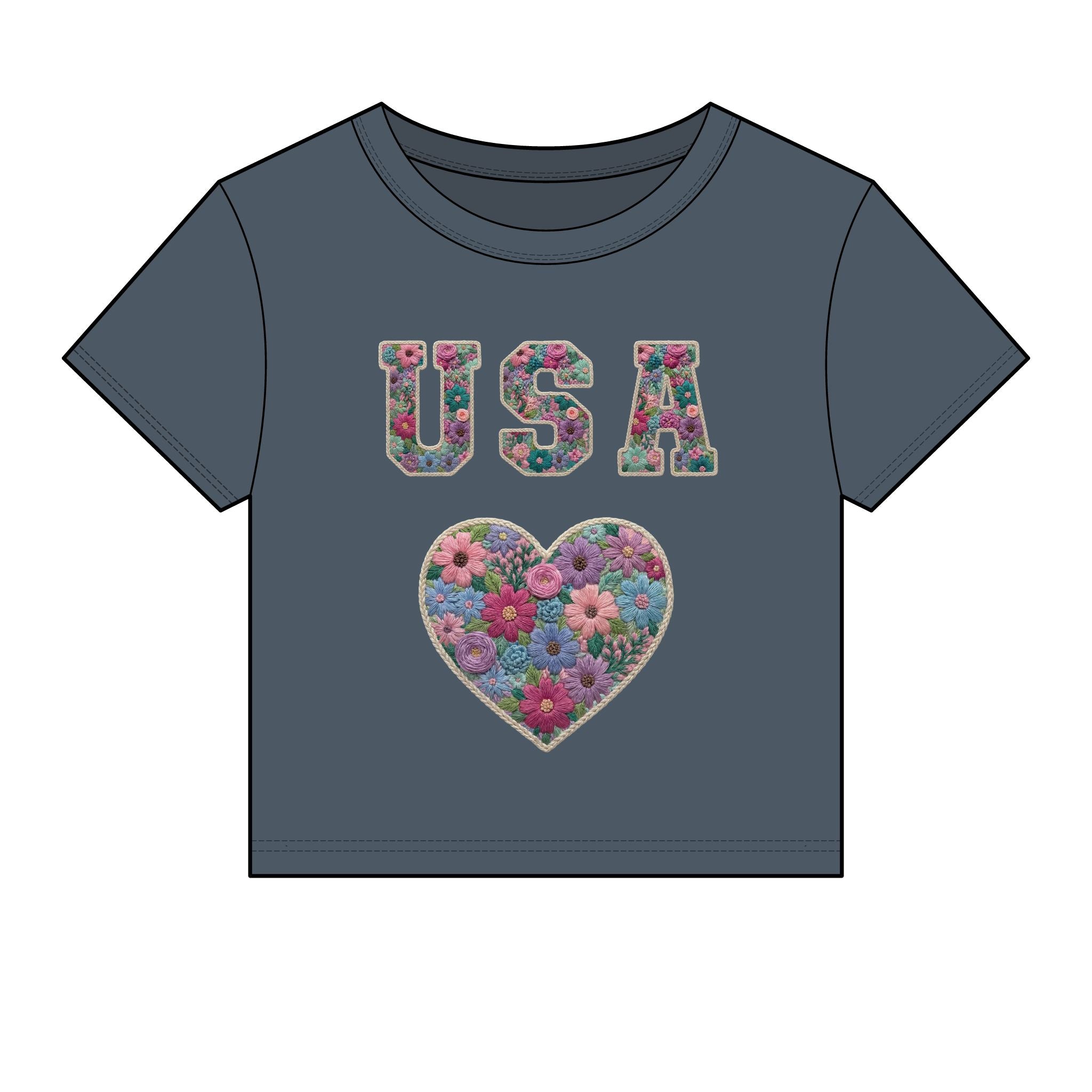 USA Floral Heart Baby Tee for Women – 4th of July