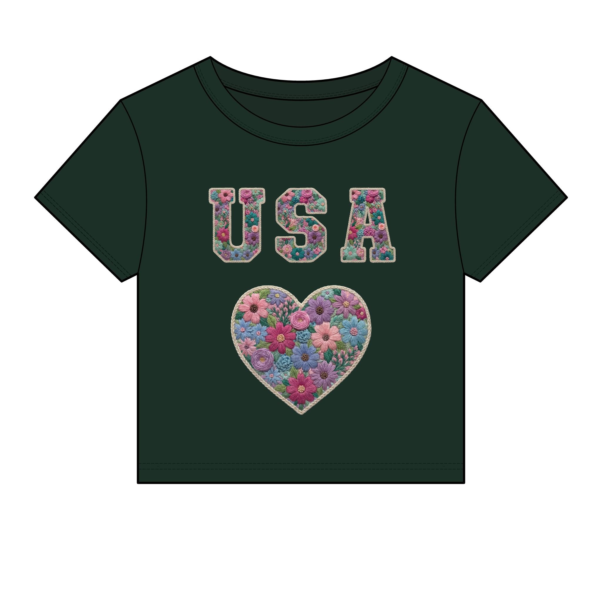 USA Floral Heart Baby Tee for Women – 4th of July