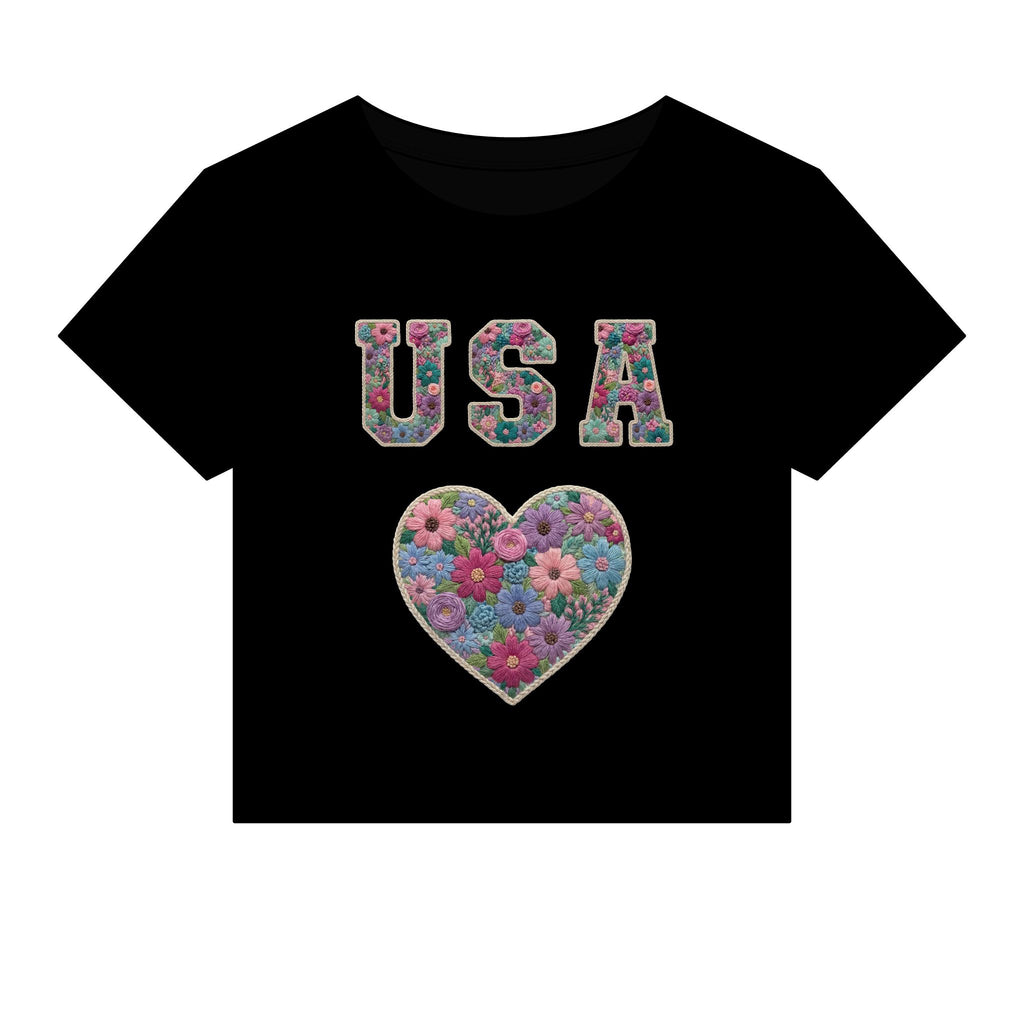 USA Floral Heart Baby Tee for Women – 4th of July
