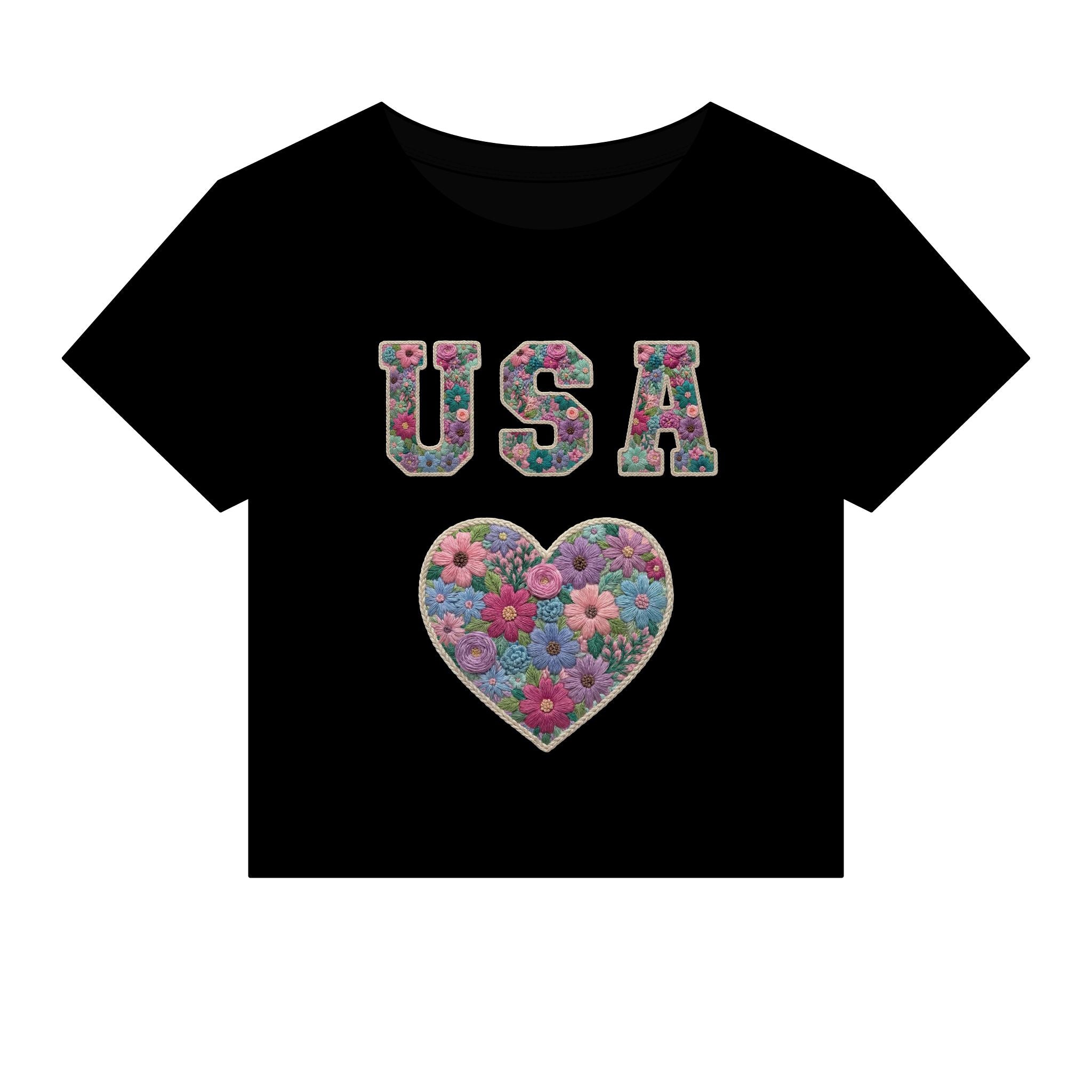 USA Floral Heart Baby Tee for Women – 4th of July