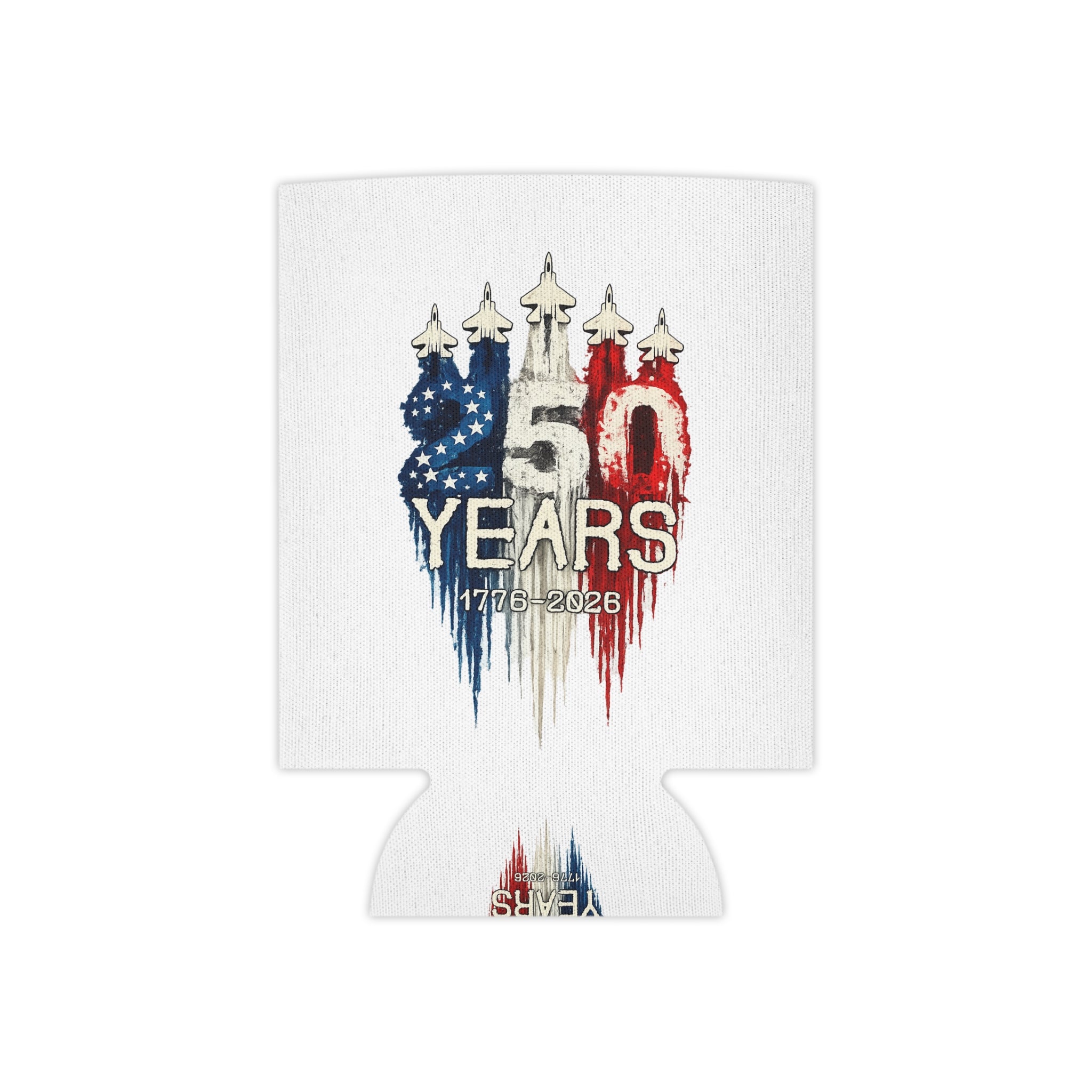 50 Years 1776–2026 Patriotic Can Cooler — American Flag Jet Anniversary