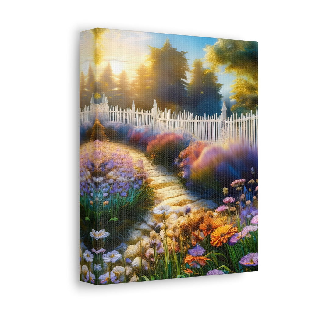 Sunlit Garden Path Stretched Canvas – Colorful Floral Landscape Wall Art
