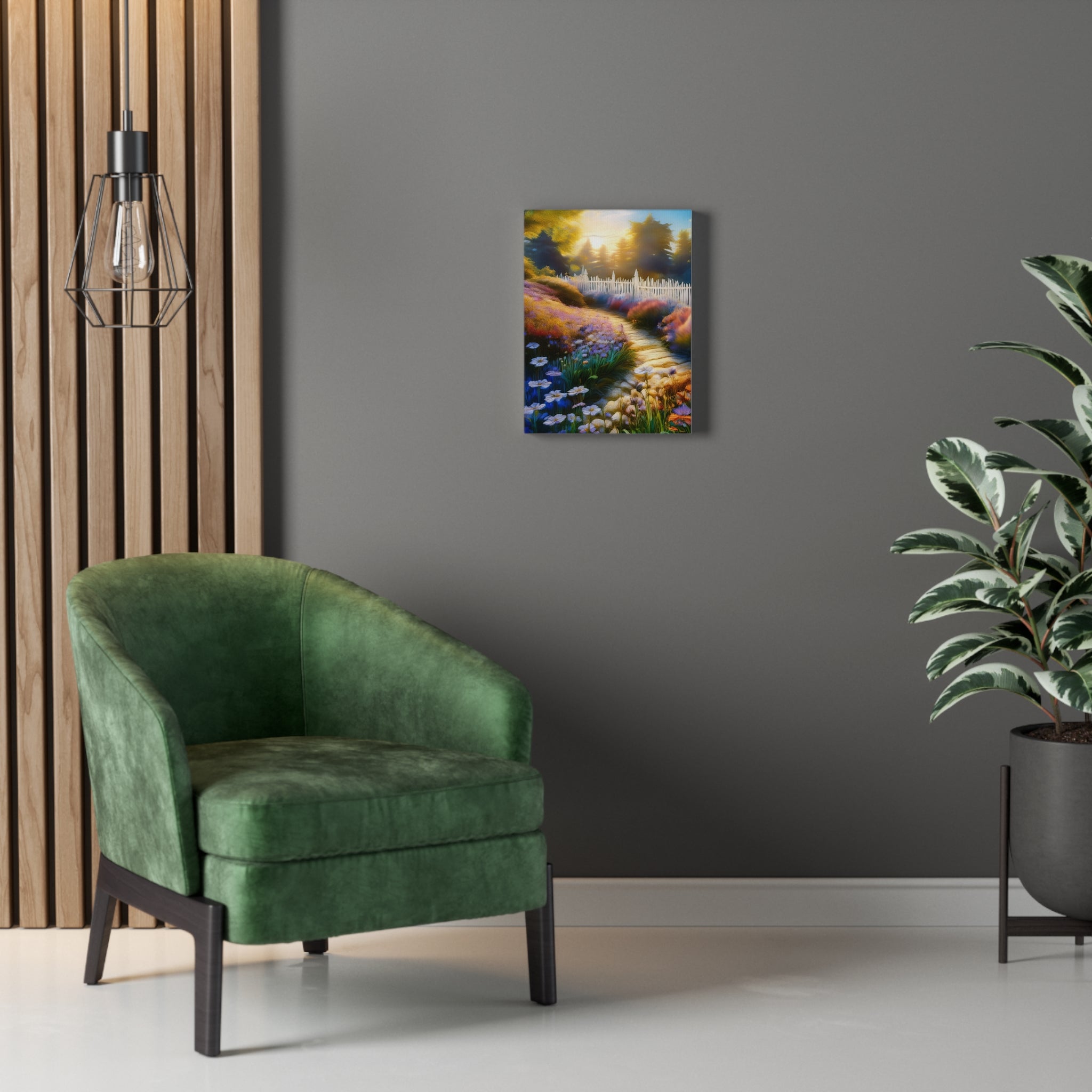Sunlit Garden Path Stretched Canvas – Colorful Floral Landscape Wall Art