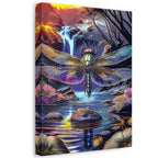 Dragonfly Fantasy Stretched Canvas Wall Art — Colorful Waterfall Nature Scene
