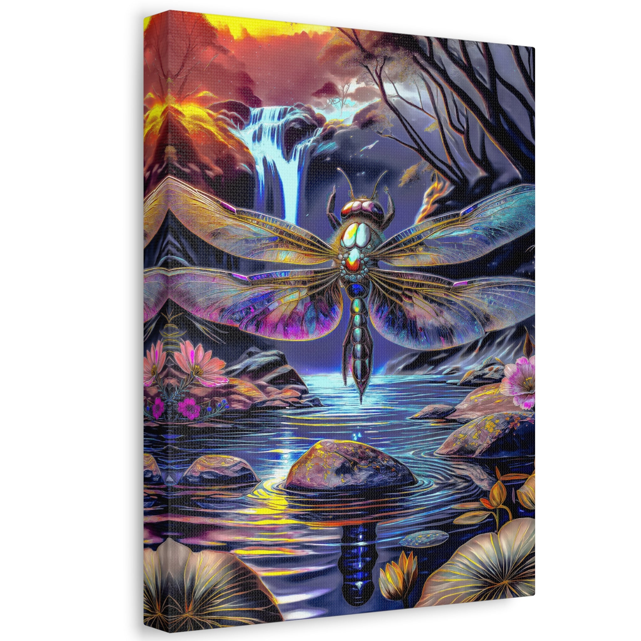 Dragonfly Fantasy Stretched Canvas Wall Art — Colorful Waterfall Nature Scene