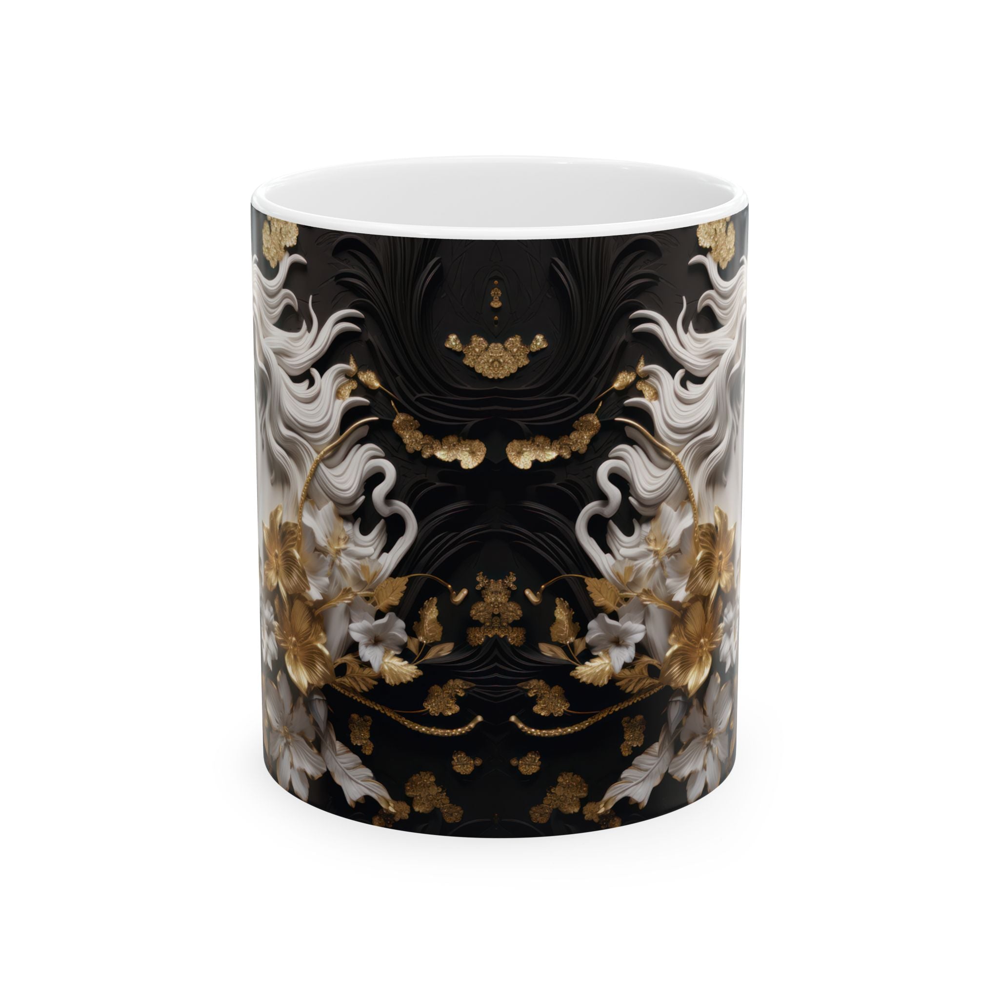 Baroque Black & Gold Ceramic Mug with Floral Pattern