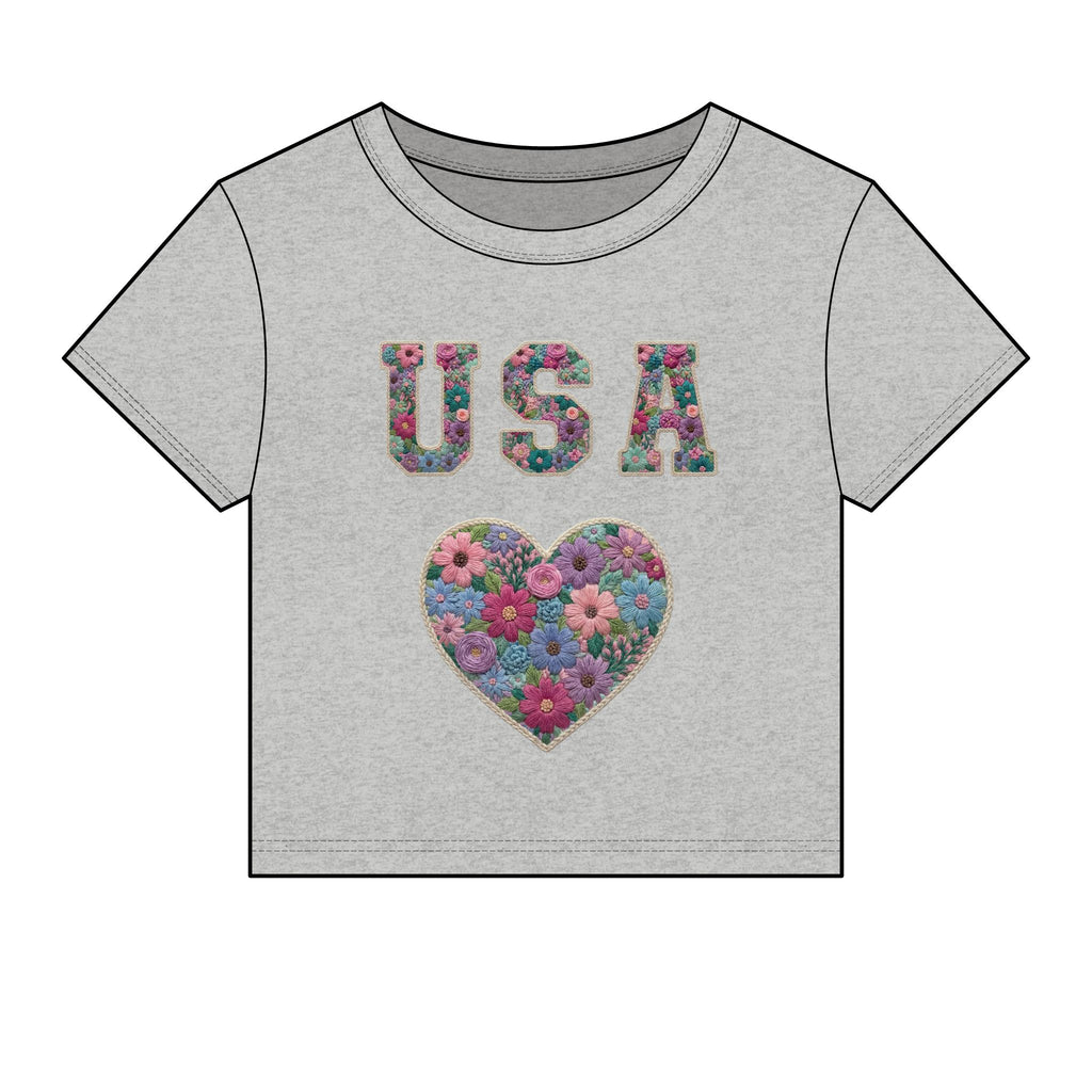 USA Floral Heart Baby Tee for Women – 4th of July