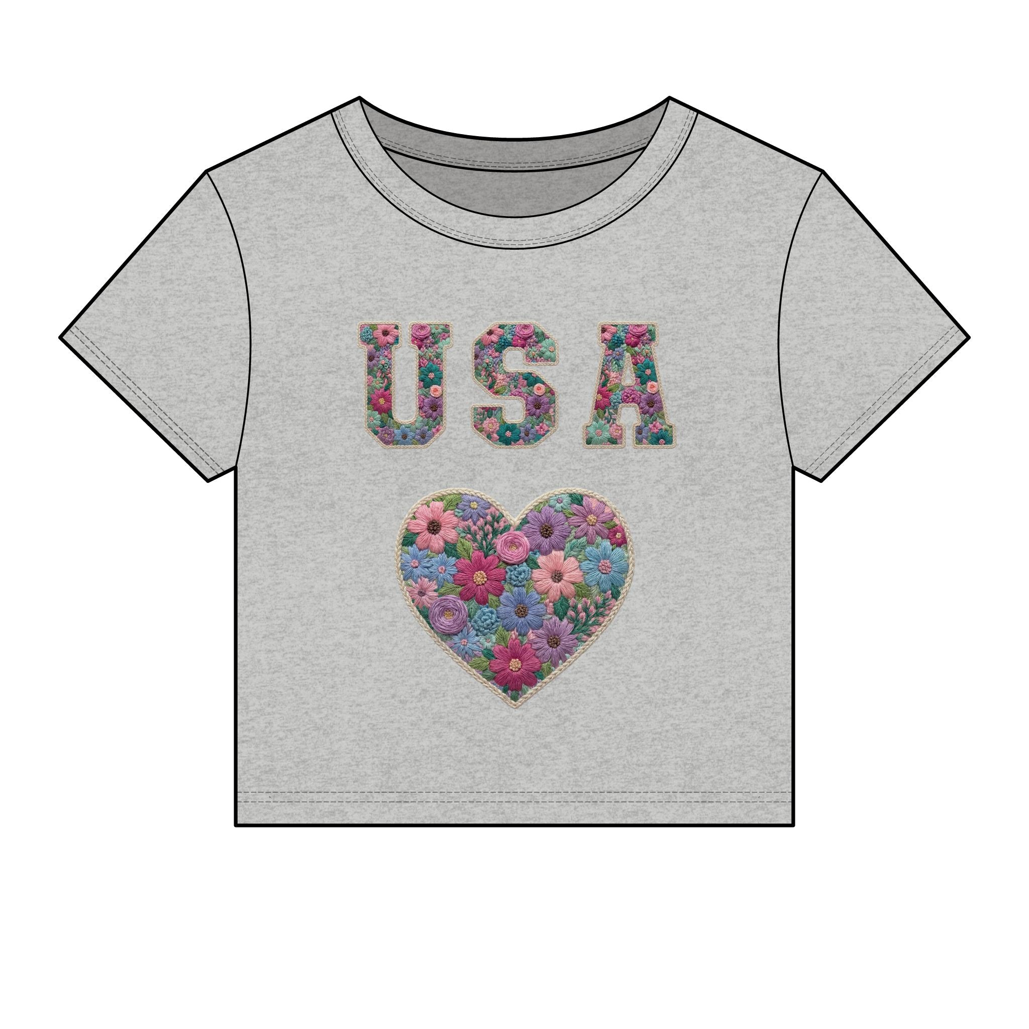 USA Floral Heart Baby Tee for Women – 4th of July
