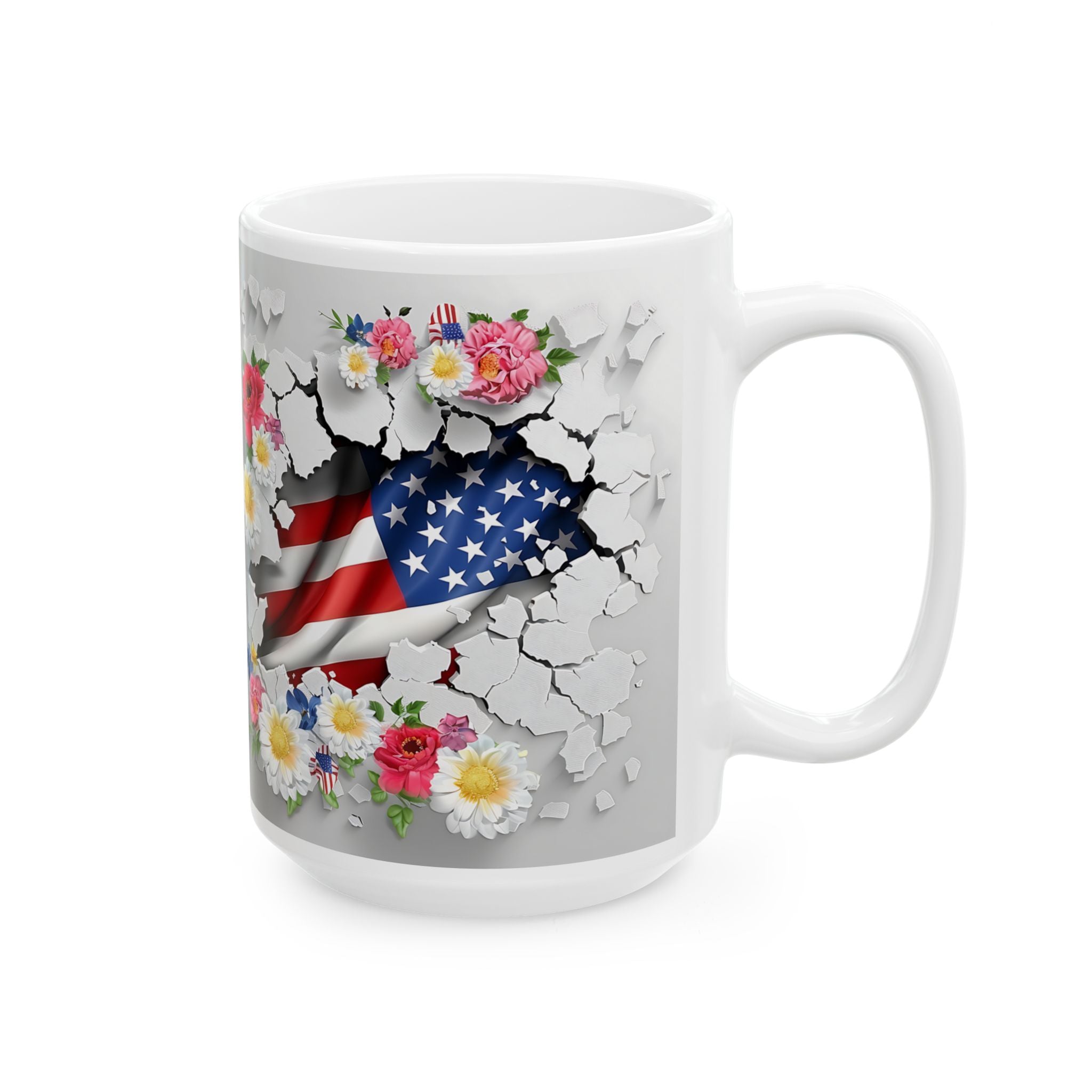 Floral American Flag Ceramic Mug - Patriotic Design
