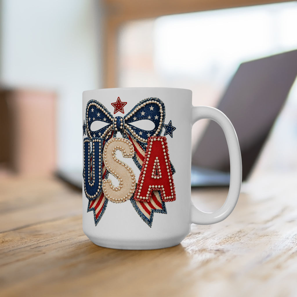USA Patriotic Ceramic Mug with Bold Red White Blue Design