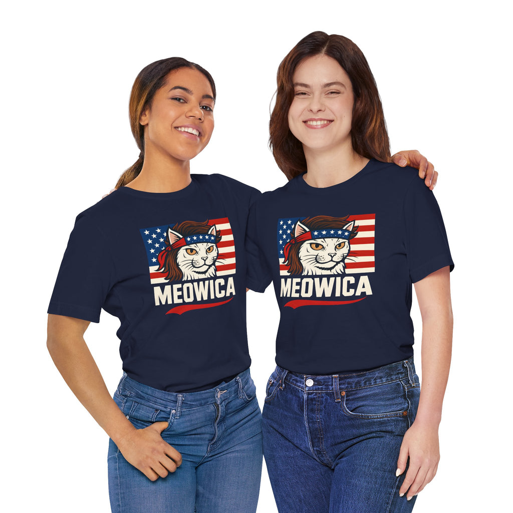 T-Shirt — "Meowica" Patriotic Cat Tee (American Flag, Funny 4th of July Shirt)