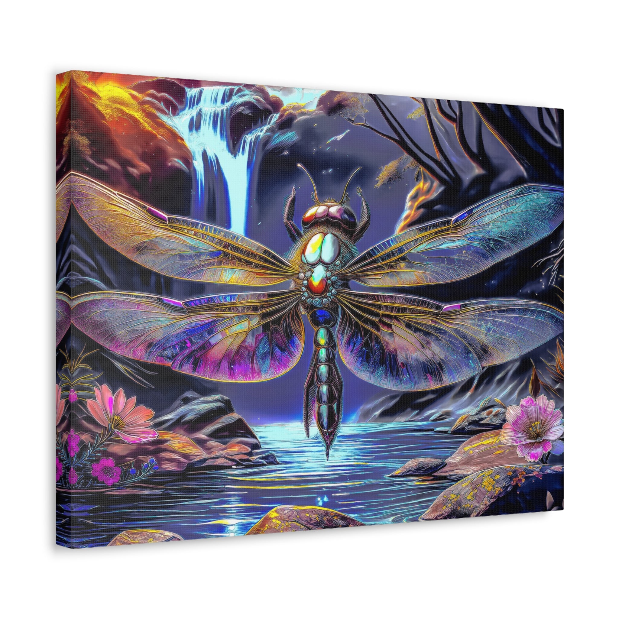 Dragonfly Fantasy Stretched Canvas Wall Art — Colorful Waterfall Nature Scene