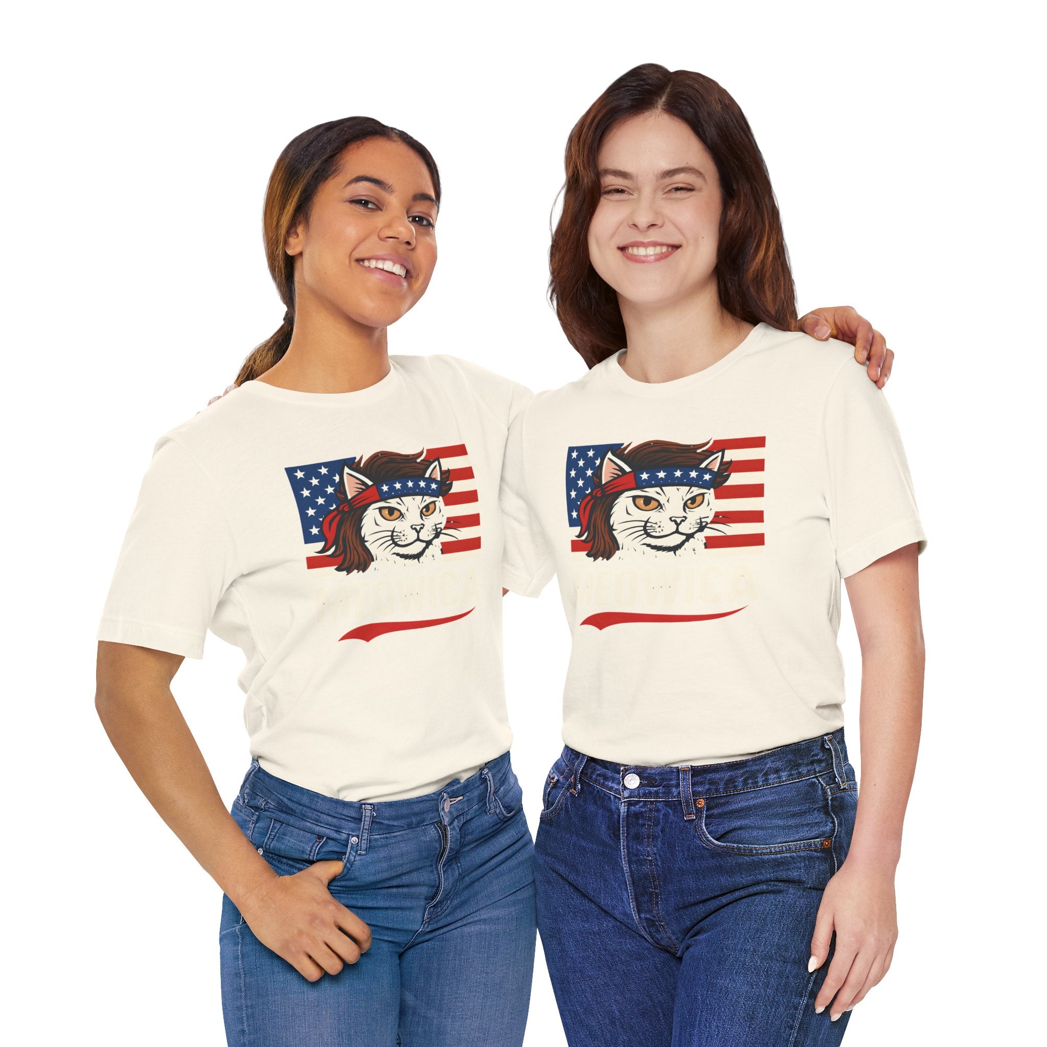 T-Shirt — "Meowica" Patriotic Cat Tee (American Flag, Funny 4th of July Shirt)