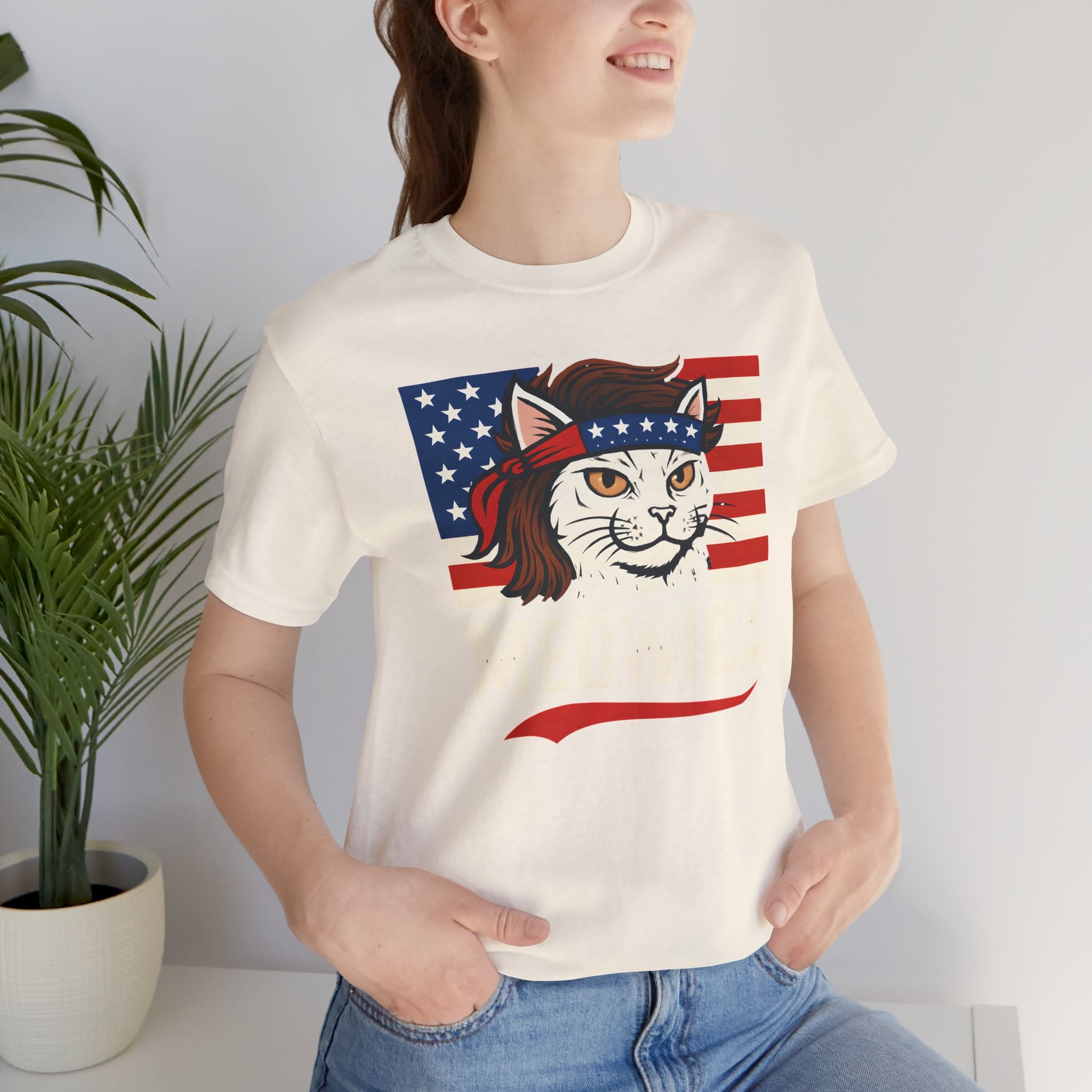 T-Shirt — "Meowica" Patriotic Cat Tee (American Flag, Funny 4th of July Shirt)