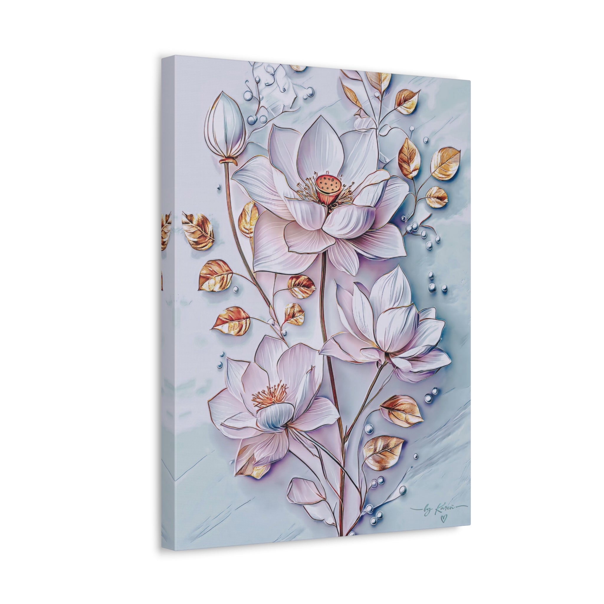 Floral Lotus Stretched Canvas Wall Art — Pastel Bloom Decorative Canvas
