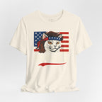 T-Shirt — "Meowica" Patriotic Cat Tee (American Flag, Funny 4th of July Shirt)