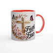 Ceramic mug with floral and butterfly design, pink roses, gold accents, and inspirational quote