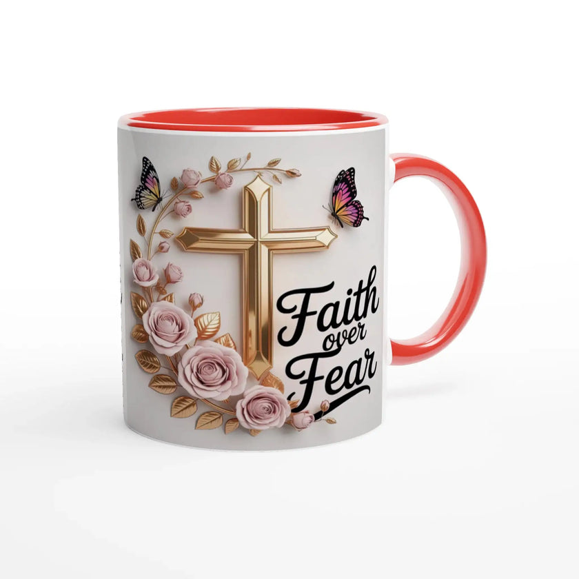 Ceramic mug with floral and butterfly design, pink roses, gold accents, and inspirational quote