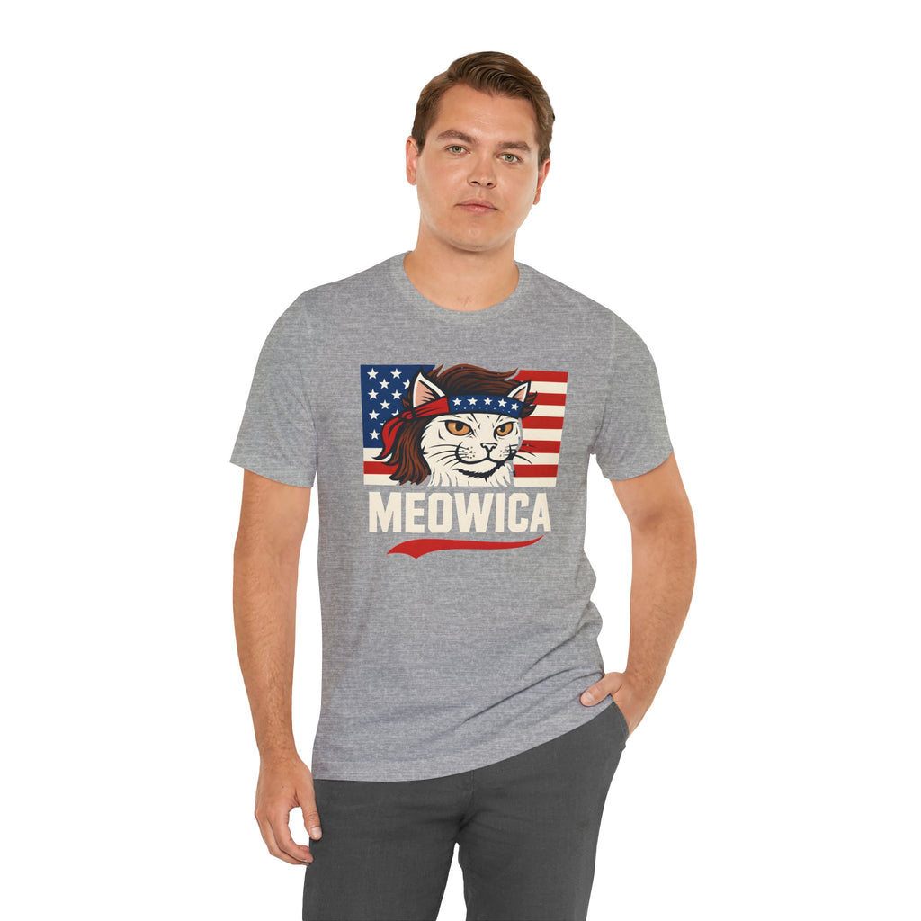 T-Shirt — "Meowica" Patriotic Cat Tee (American Flag, Funny 4th of July Shirt)