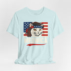 T-Shirt — "Meowica" Patriotic Cat Tee (American Flag, Funny 4th of July Shirt)