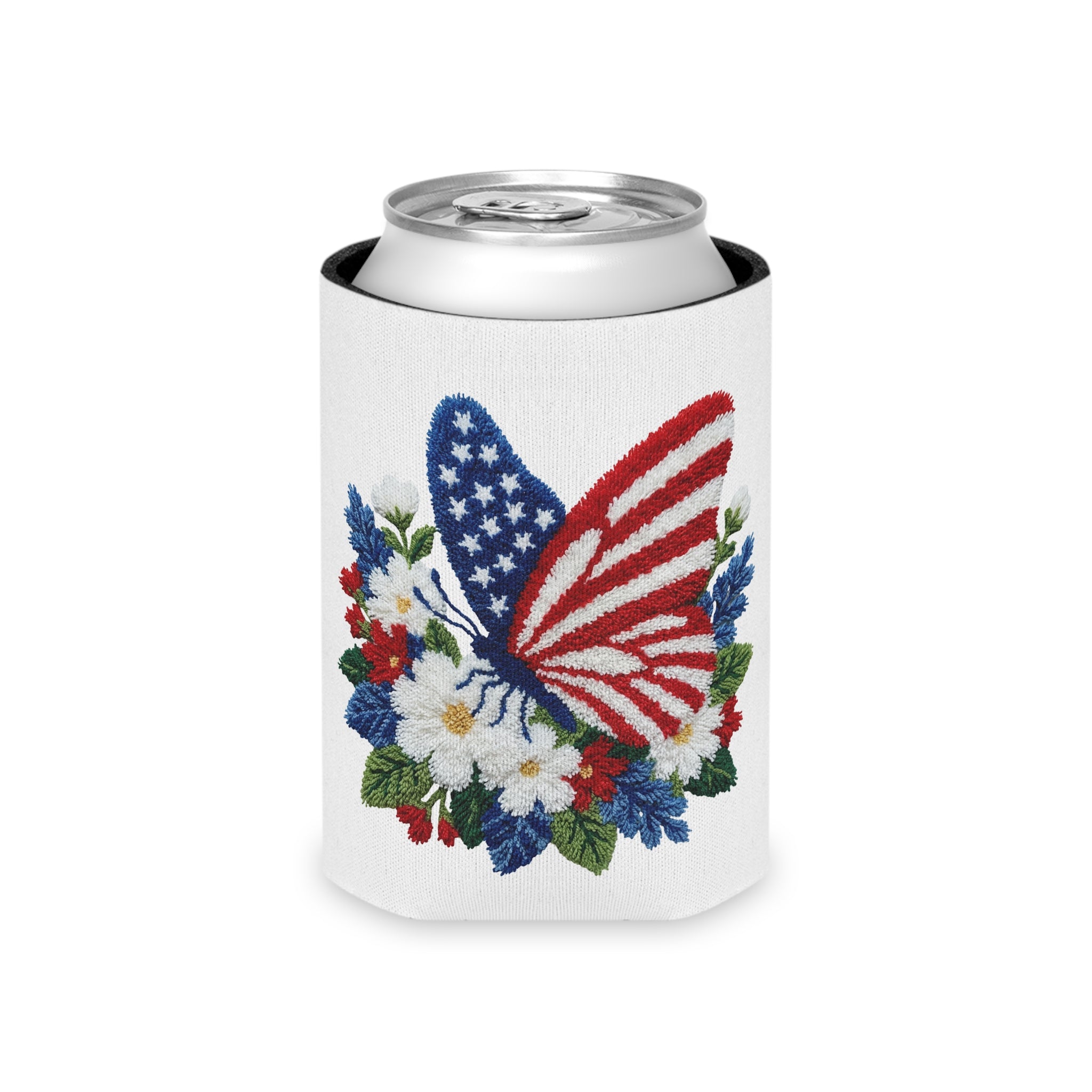 Patriotic Floral Butterfly Can Cooler for Fourth of July