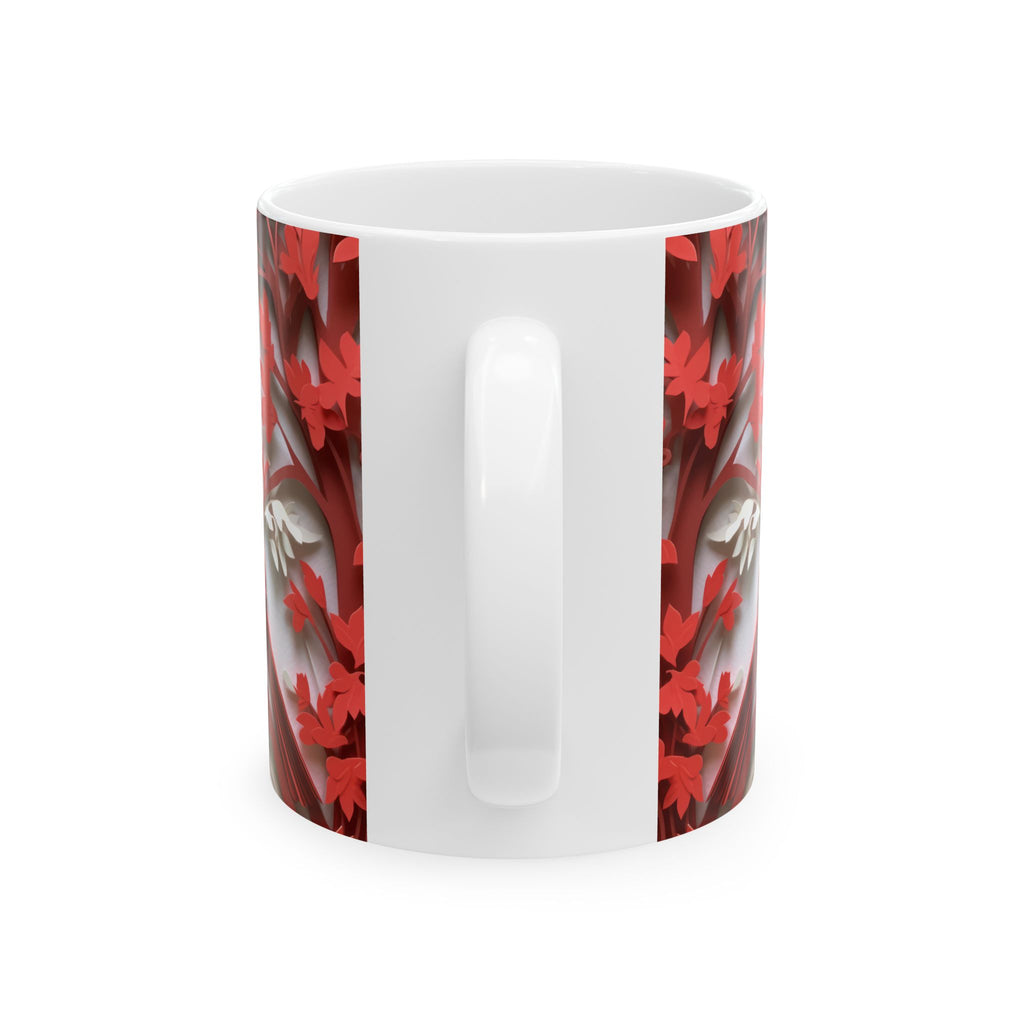 Red Paper-Cut Floral Ceramic Mug (11oz & 15oz) — Botanical Symmetry Coffee Cup
