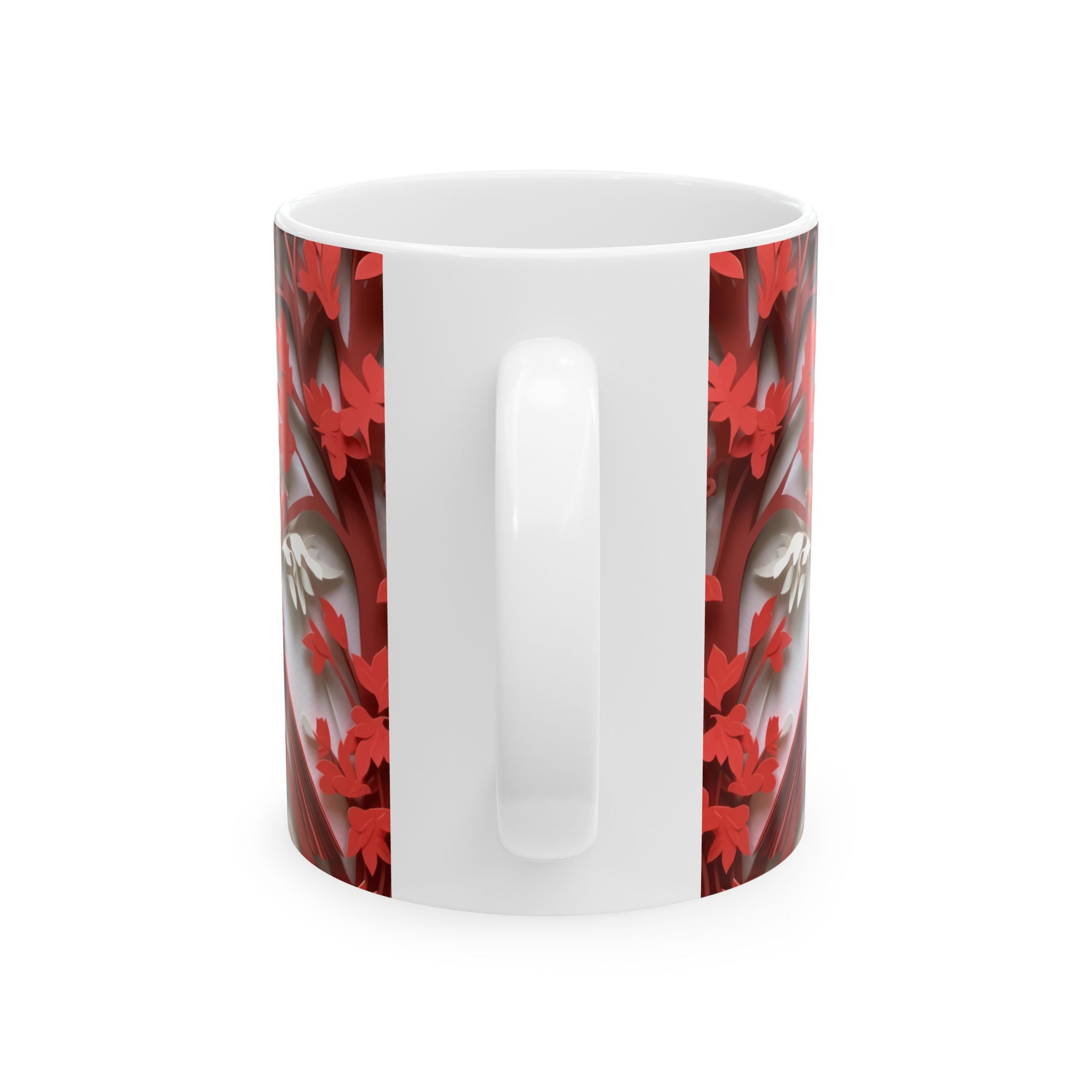Red Paper-Cut Floral Ceramic Mug (11oz & 15oz) — Botanical Symmetry Coffee Cup
