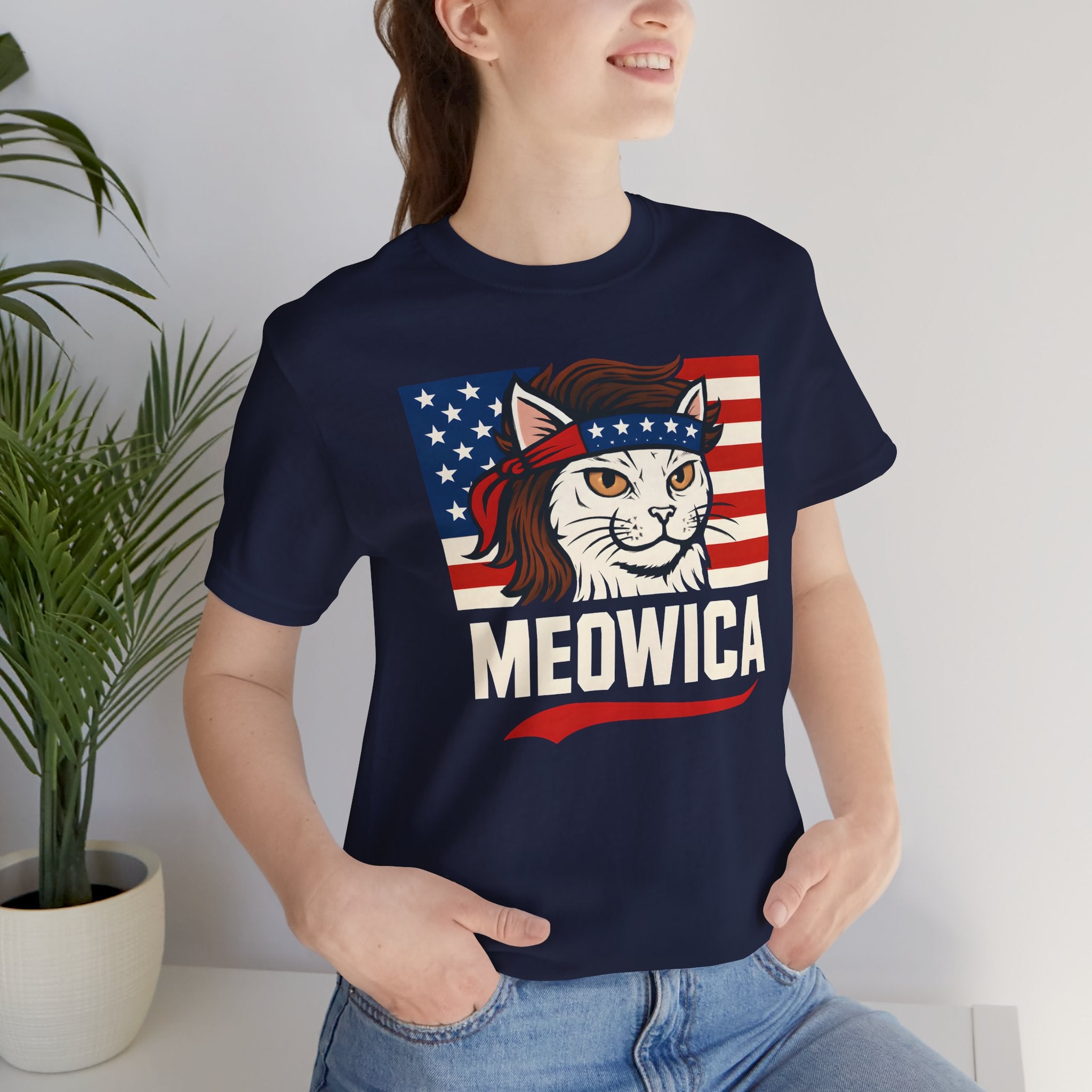 T-Shirt — "Meowica" Patriotic Cat Tee (American Flag, Funny 4th of July Shirt)