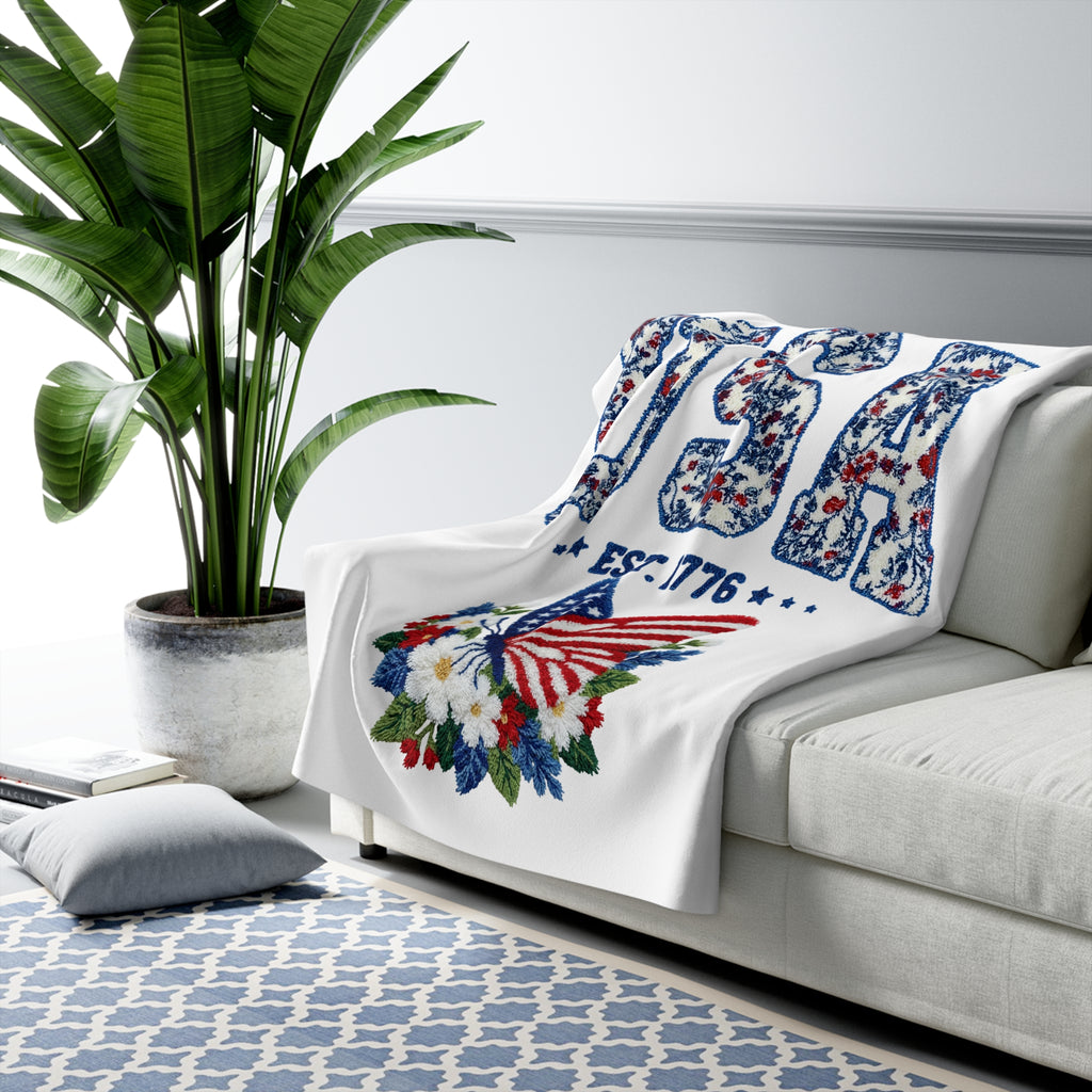 USA Est.1776 Floral Patriotic Sherpa Fleece Blanket for Home Decor