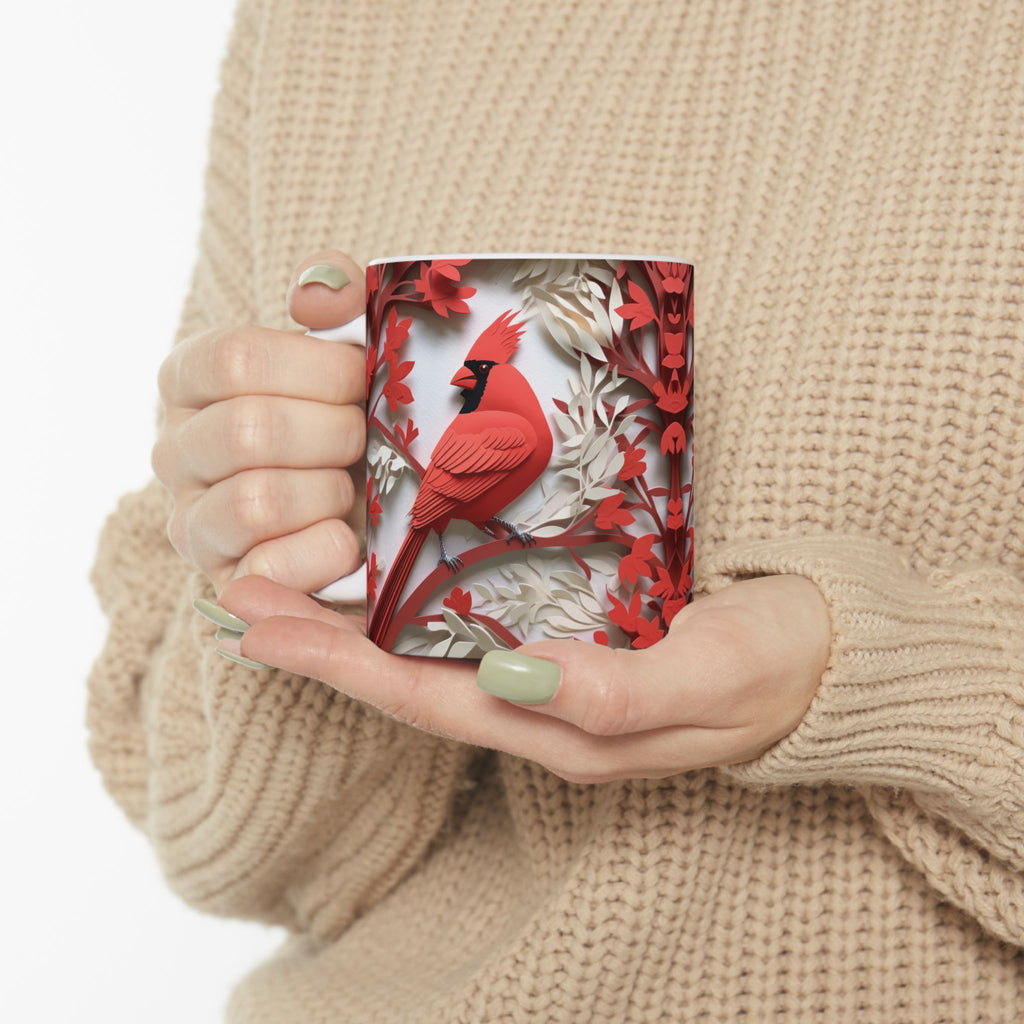 Red Paper-Cut Floral Ceramic Mug (11oz & 15oz) — Botanical Symmetry Coffee Cup