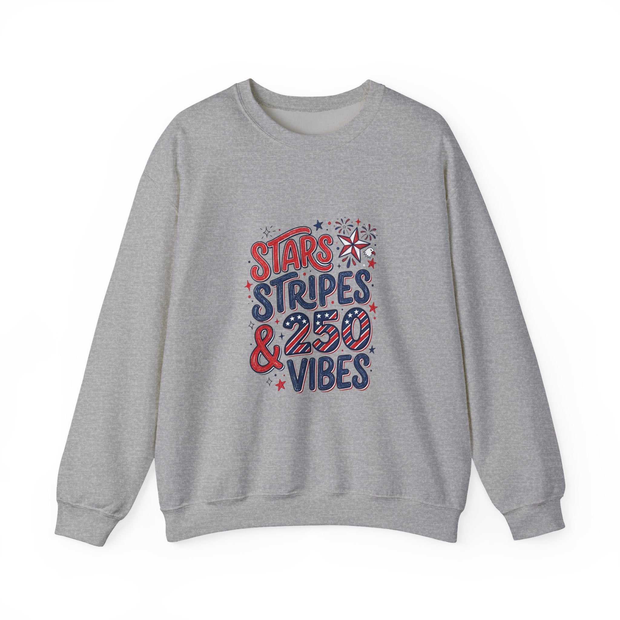 Light gray sweatshirt with a patriotic design featuring red, white, and blue stars, fireworks, and the phrase 'Stars & Stripes & Vibes' in bold lettering, casual style for patriotic celebrations.