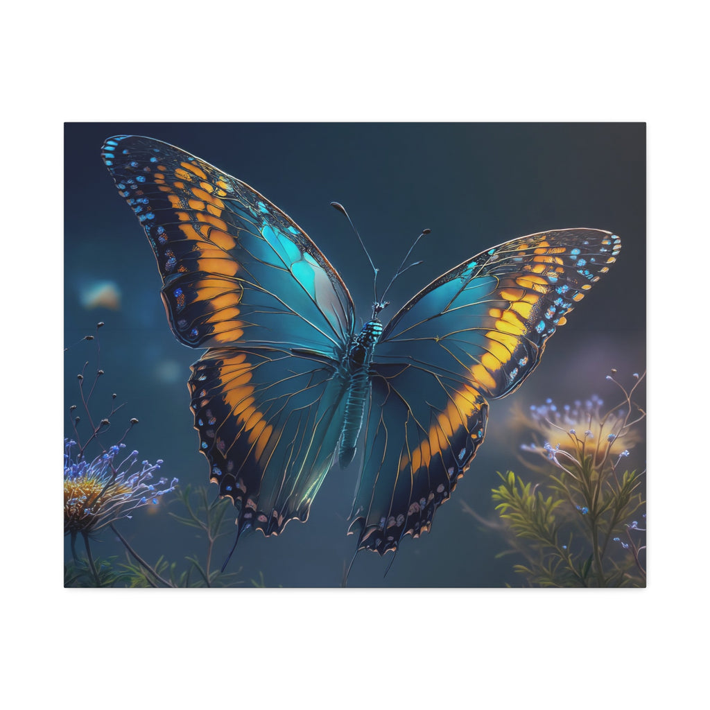 Blue & Gold Butterfly Stretched Canvas Wall Art — Dreamy Nature Print