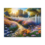 Sunlit Garden Path Stretched Canvas – Colorful Floral Landscape Wall Art