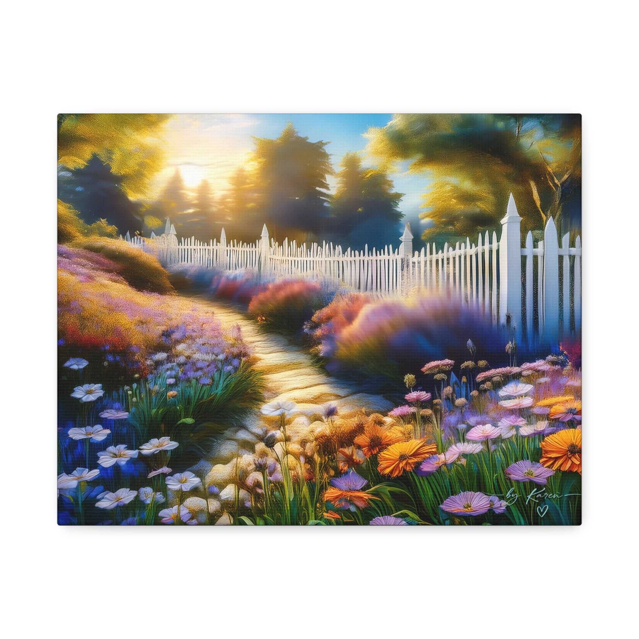 Sunlit Garden Path Stretched Canvas – Colorful Floral Landscape Wall Art