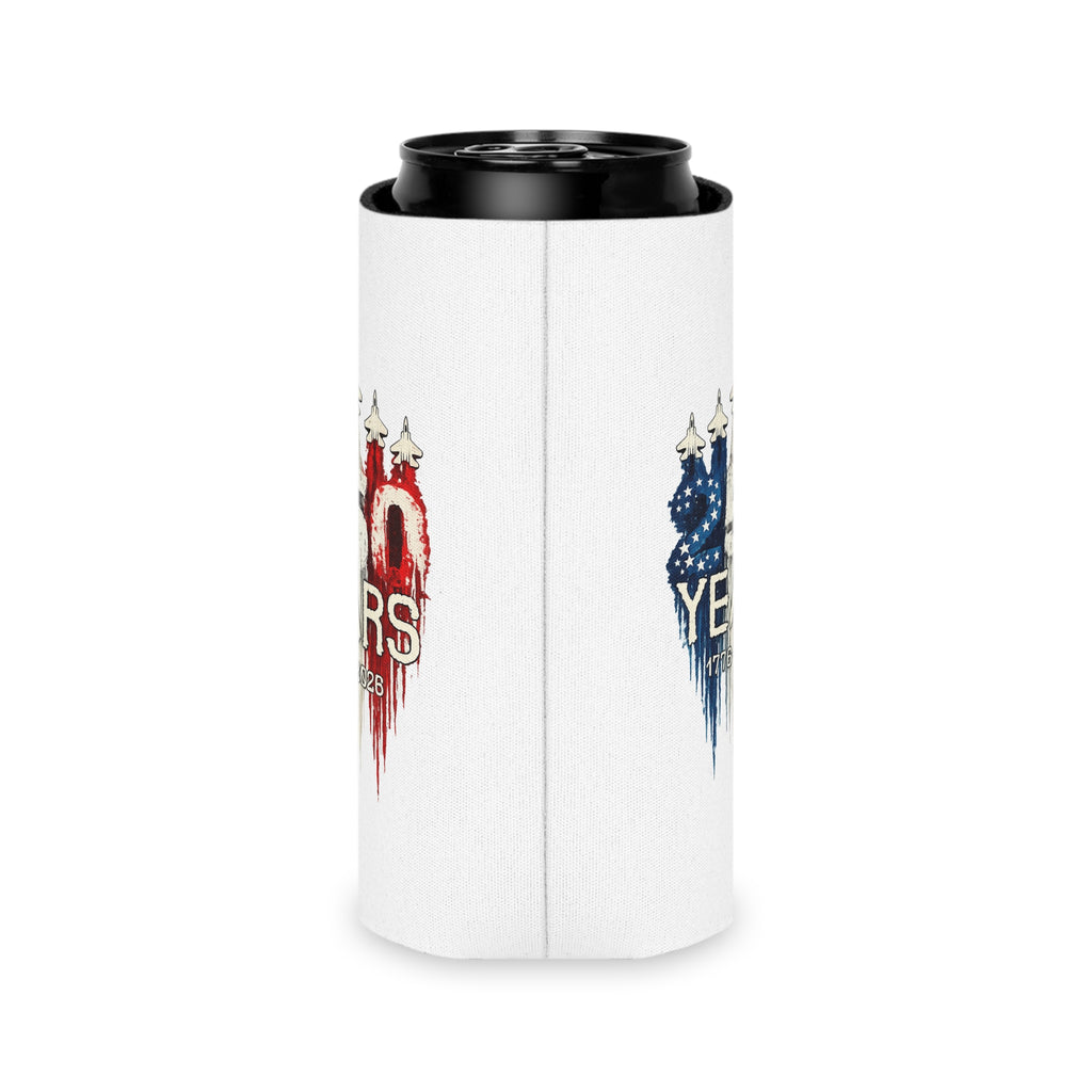 50 Years 1776–2026 Patriotic Can Cooler — American Flag Jet Anniversary