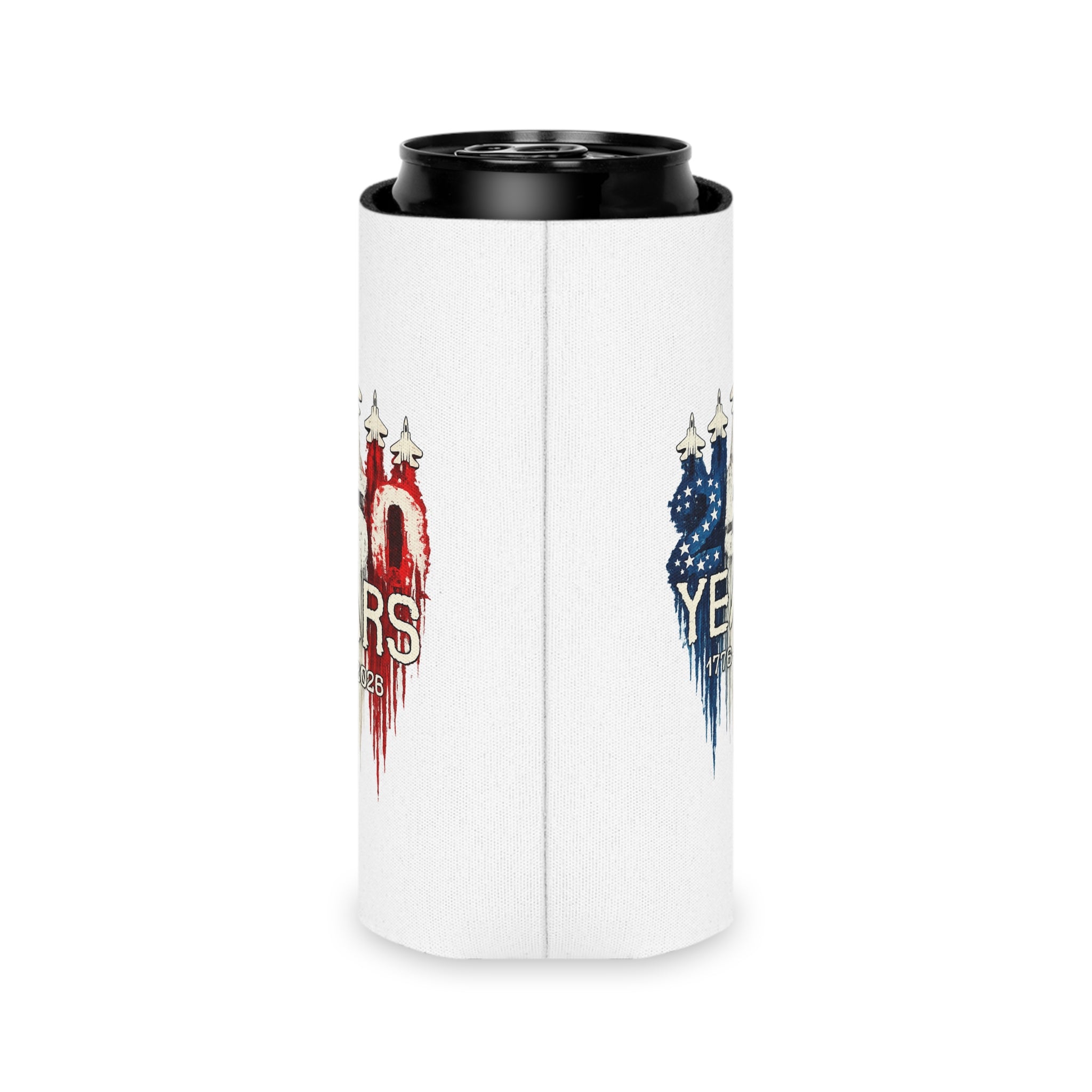 50 Years 1776–2026 Patriotic Can Cooler — American Flag Jet Anniversary