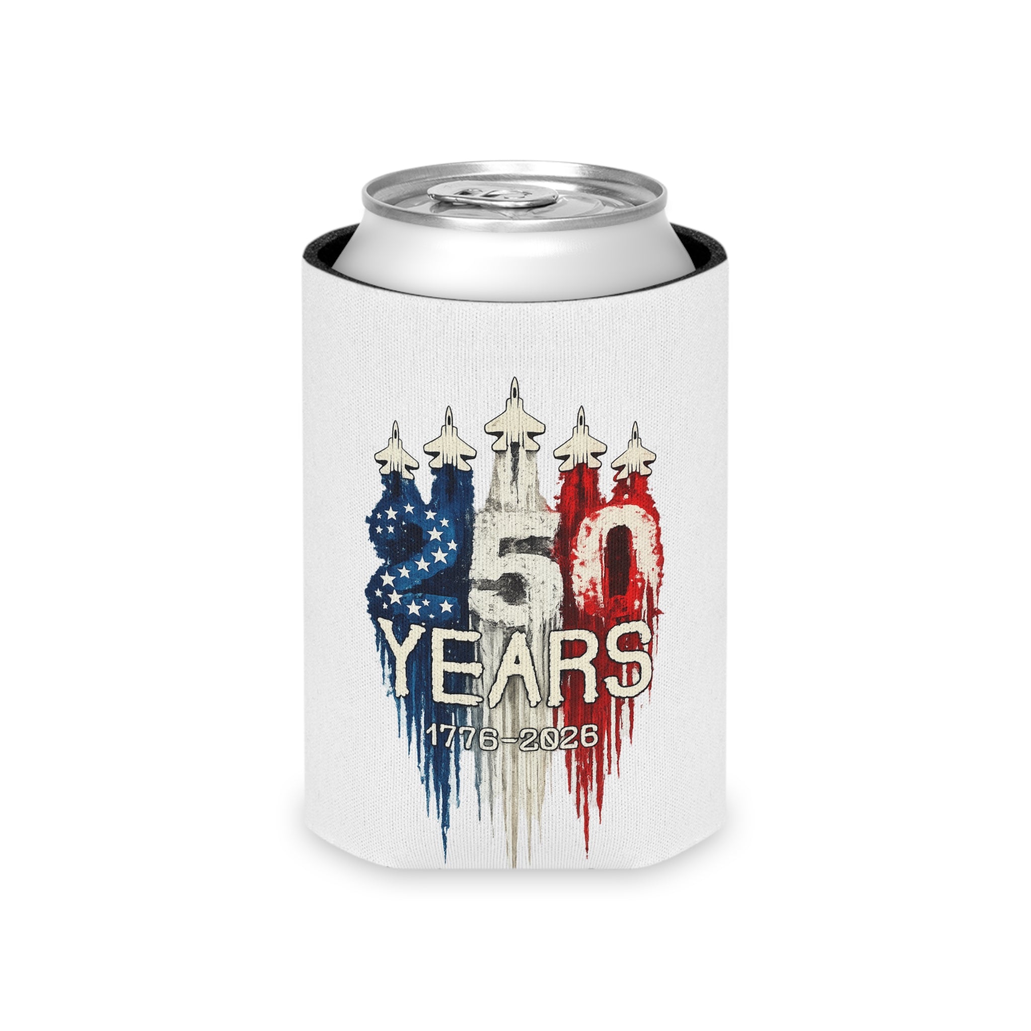 50 Years 1776–2026 Patriotic Can Cooler — American Flag Jet Anniversary