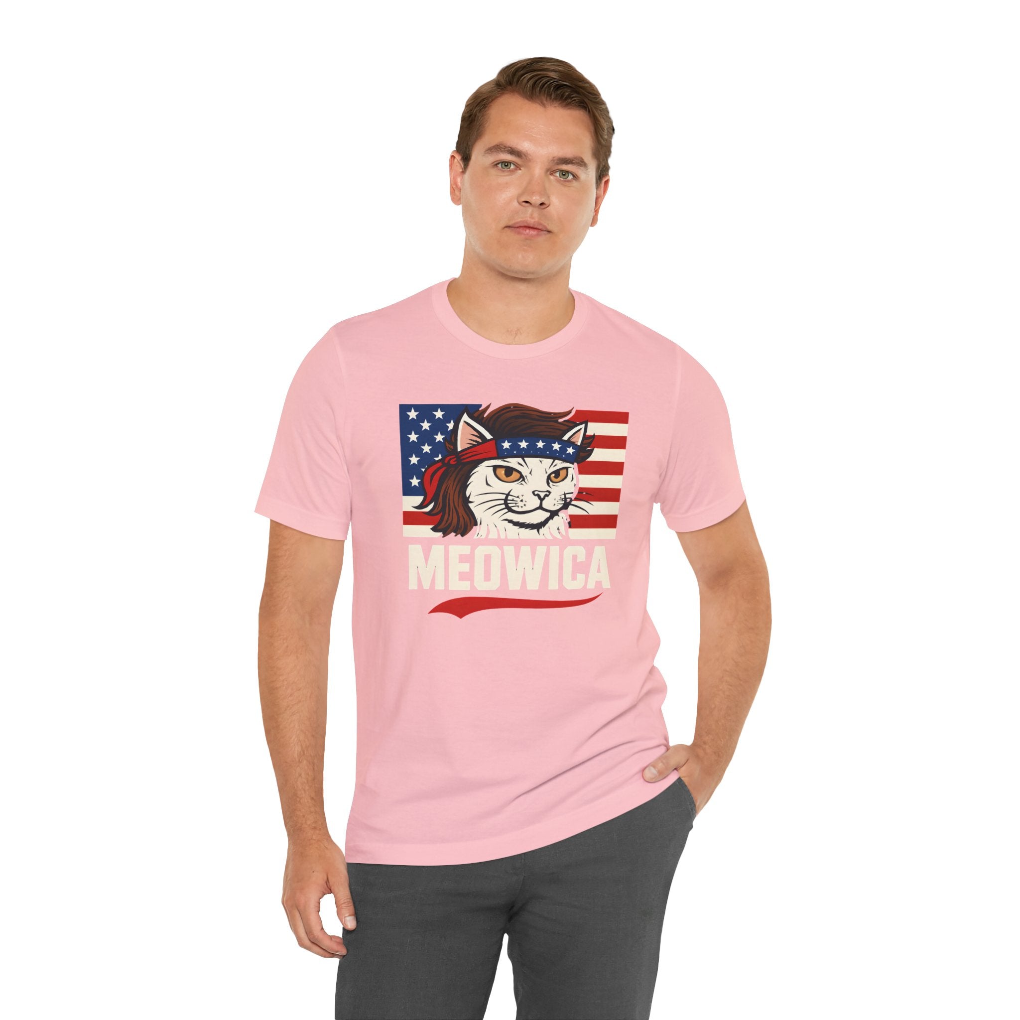 T-Shirt — "Meowica" Patriotic Cat Tee (American Flag, Funny 4th of July Shirt)