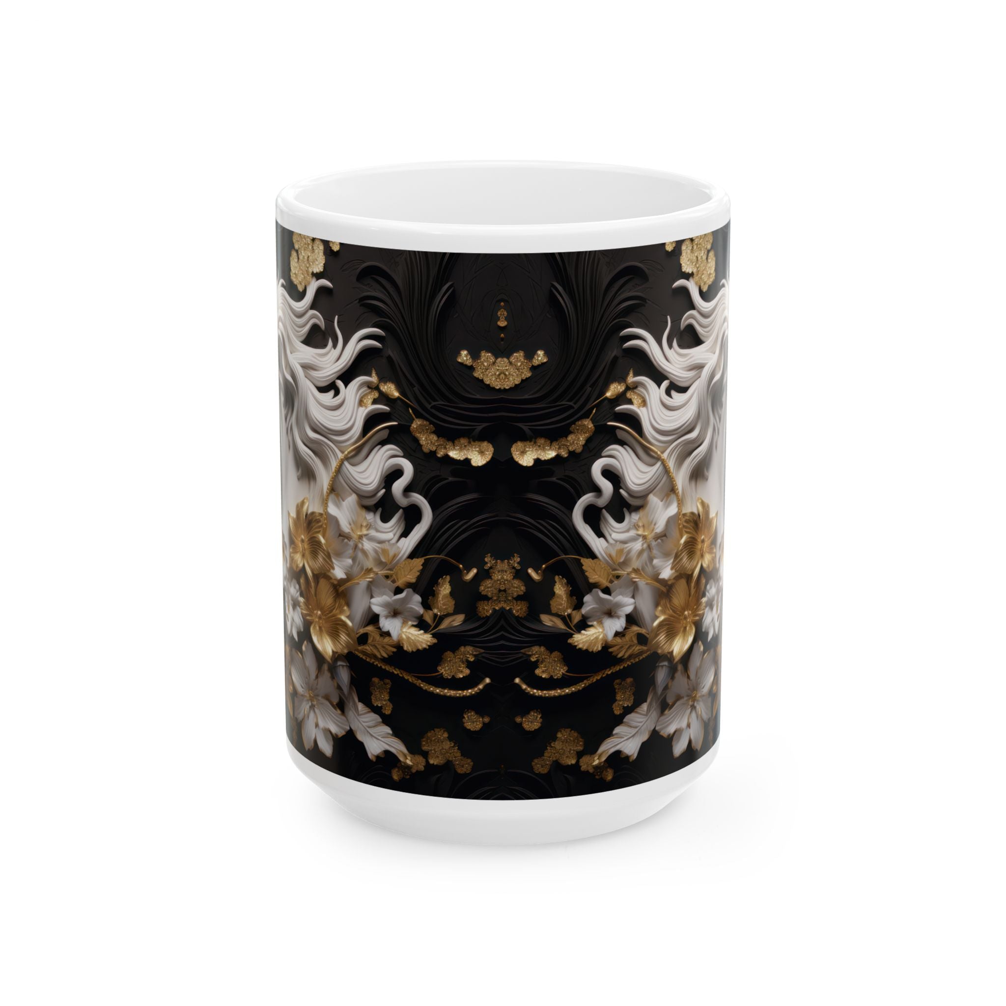 Baroque Black & Gold Ceramic Mug with Floral Pattern