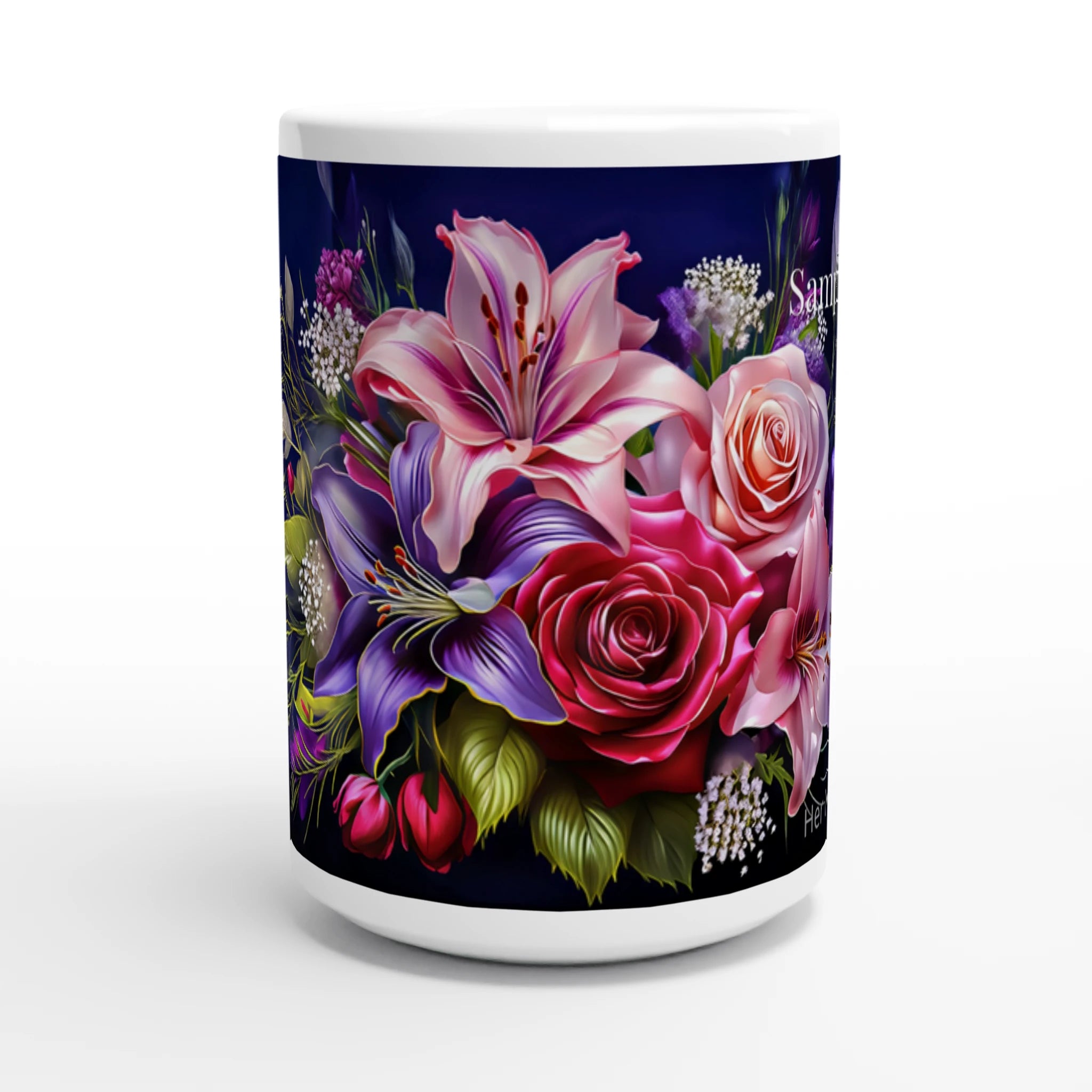 Floral mug with pink lilies and purple flowers