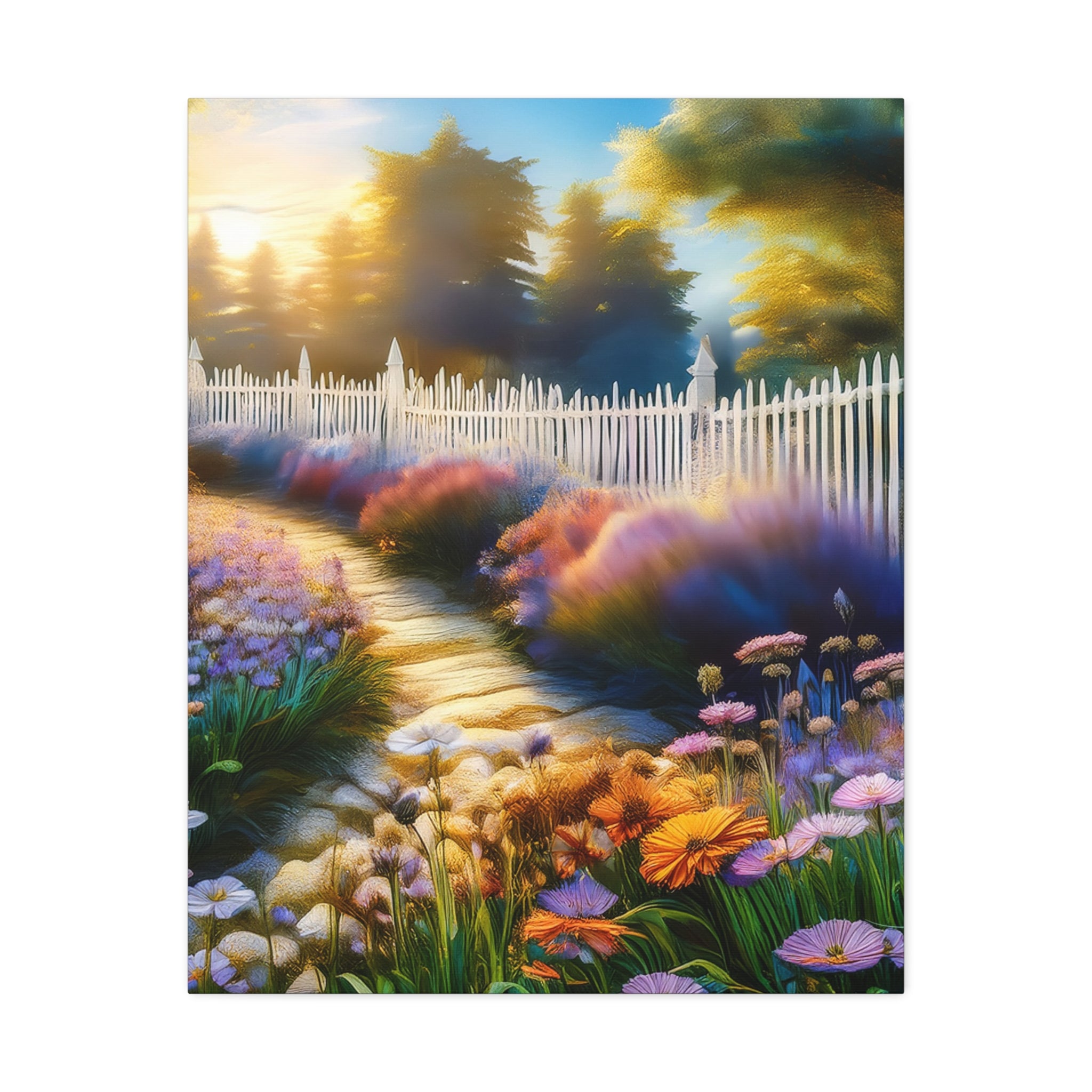Sunlit Garden Path Stretched Canvas – Colorful Floral Landscape Wall Art