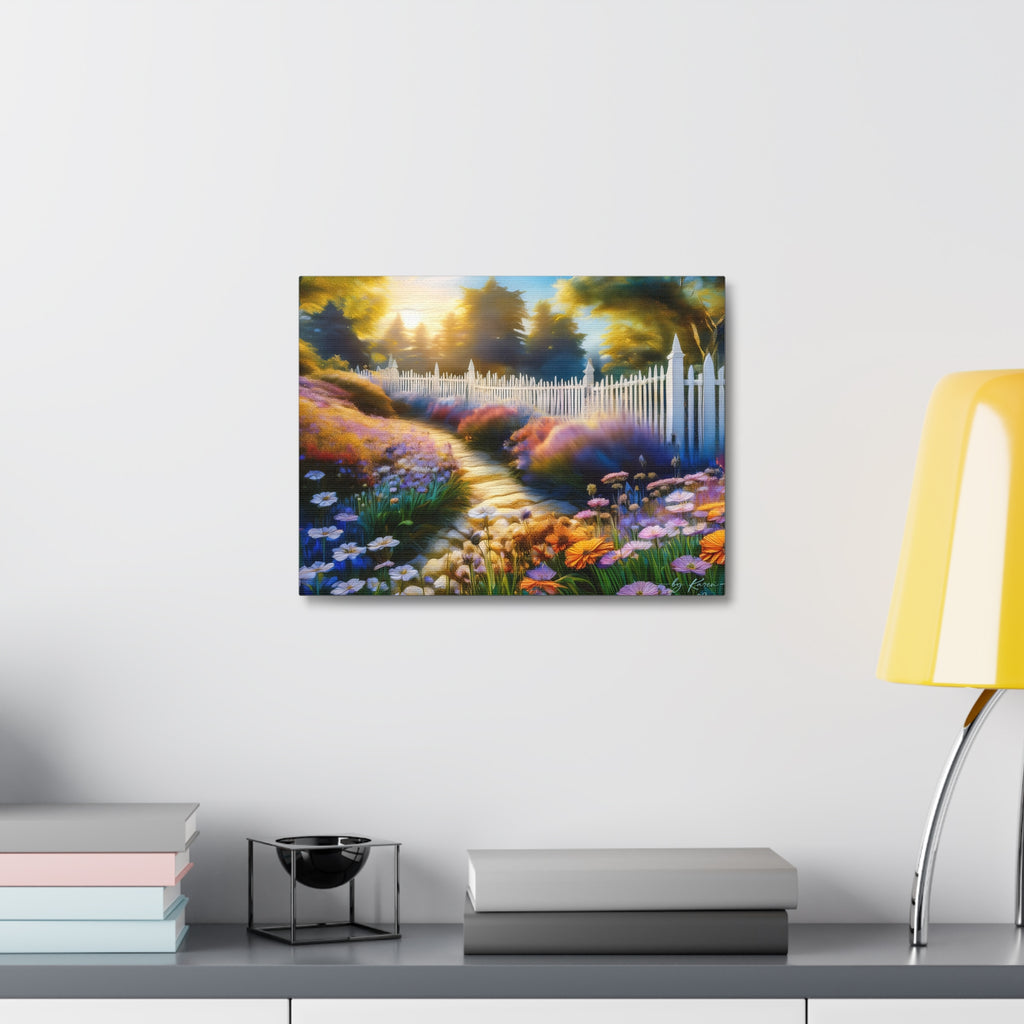 Sunlit Garden Path Stretched Canvas – Colorful Floral Landscape Wall Art