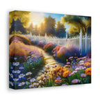 Sunlit Garden Path Stretched Canvas – Colorful Floral Landscape Wall Art