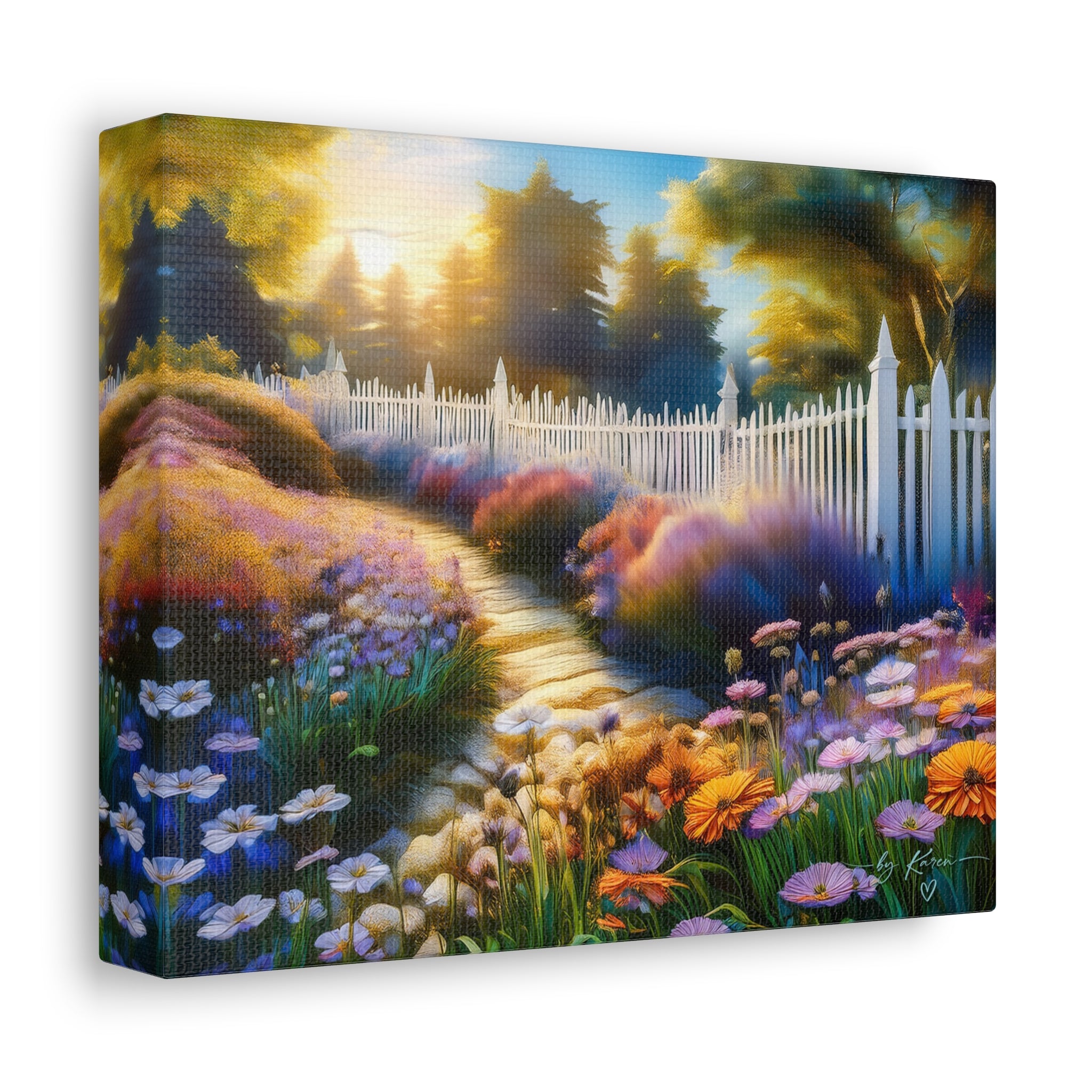 Sunlit Garden Path Stretched Canvas – Colorful Floral Landscape Wall Art